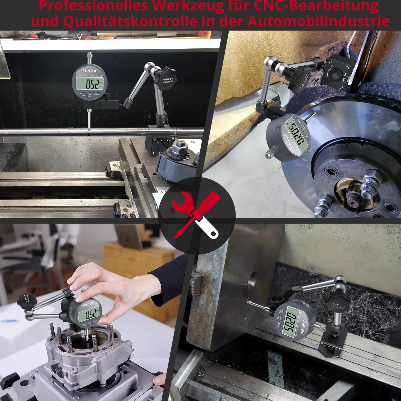 XUNTOP Digitale Messuhr mit Magnetfuß Präzisionsmessung 0,01 mm,132lbs/60kg Auto-Nullfunktion, 0-25,4 mm Messbereich, Ideal für Werkstatt, Maschinenbau und Automobilgebrauch