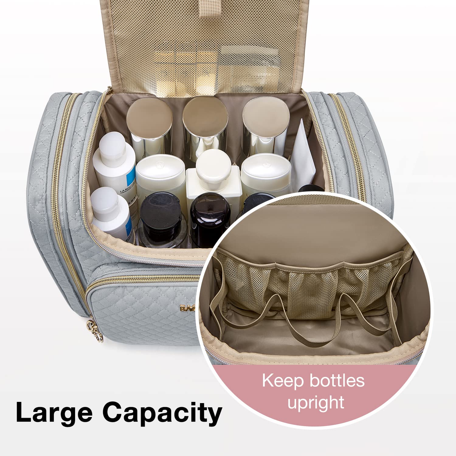 BAGSMART Neceser de viaje para mujer, bolsa de maquillaje resistente al agua, organizador de viaje de gran capacidad para artículos de tocador y cosméticos de tamaño completo, Gris, 12.2 x 6.9 x 10.4