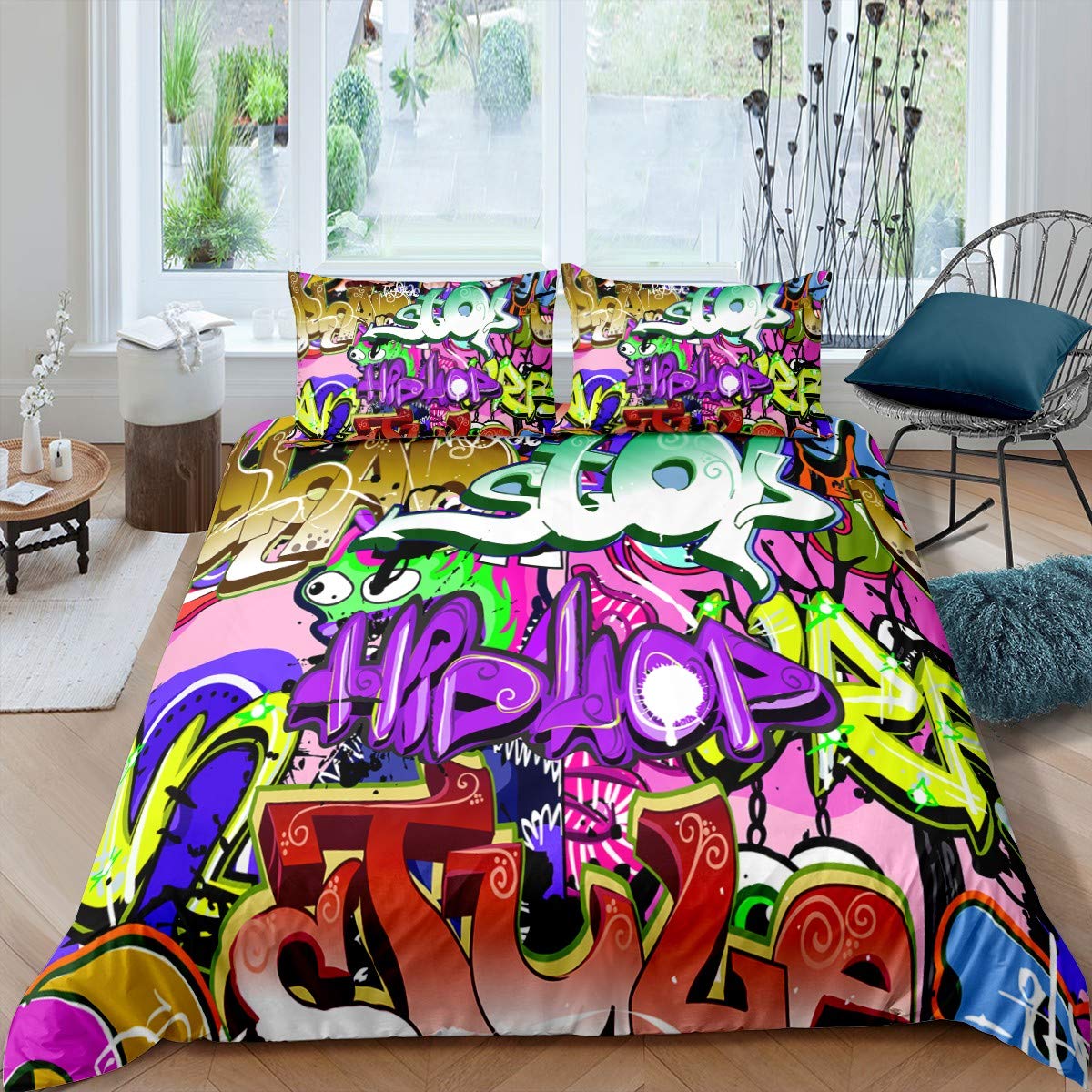 Loussiesd Men's Sx6291lyp Hip-Hop Comforter Cover Street Culture Graffiti Abstract Style Duvet Cover Colorful Brush Pattern Decor Bedding Set For Adult Teen Boys Hippie Theme Bedspread,1 Duvet Cover With 1 Pillow Case,Single