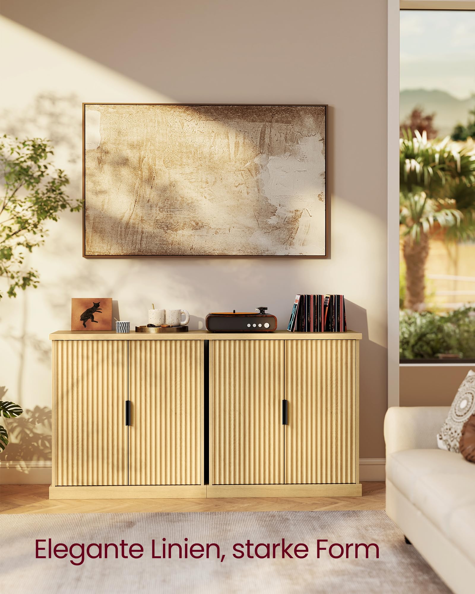 VASAGLE MAXE Kollektion - Sideboard, Küchenschrank, Aufbewahrungsschrank mit Verstellbarer Ablage, geriffelte Türen, Übergangsstil, Küche, Esszimmer, eichenbeige BBK344Y01