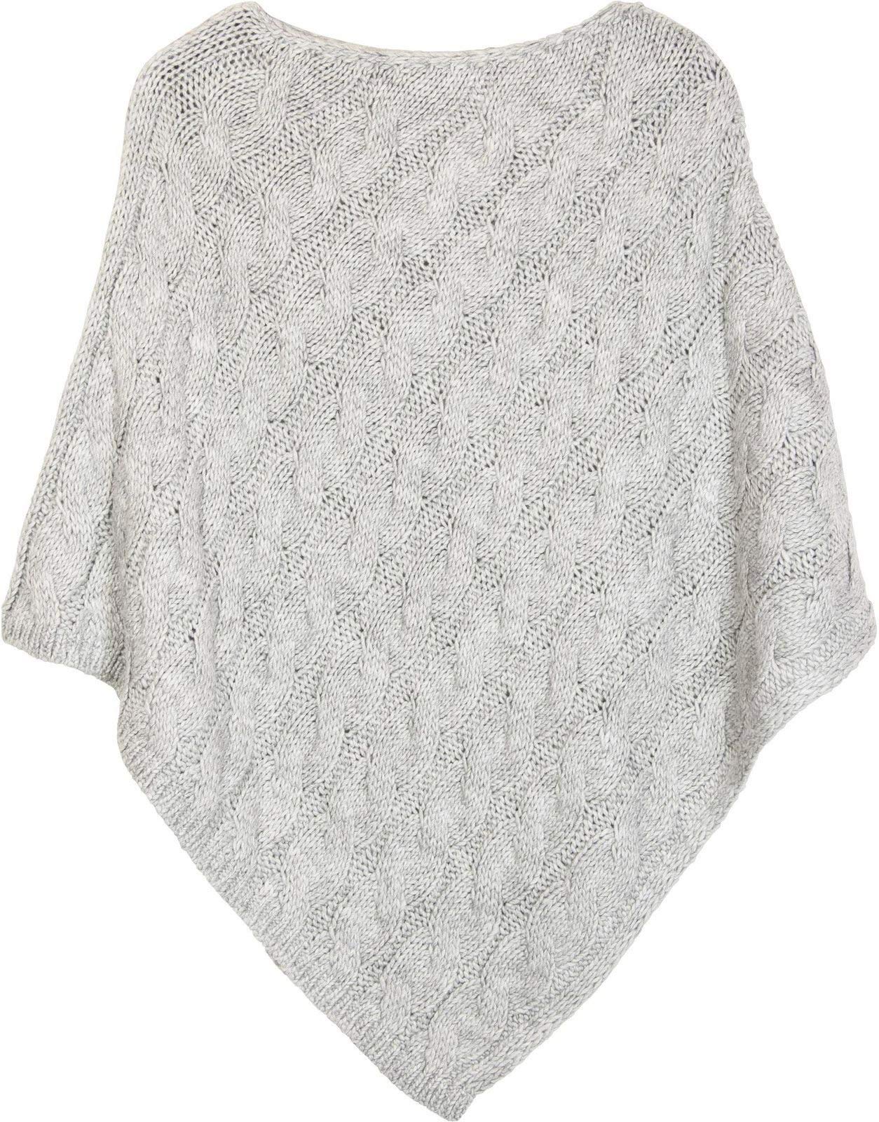 Stylebreaker Women's Light-Grey Knitted Poncho With Cable Pattern, Round Neck Knit Poncho, Chunky Knit, 08010040, Colour: