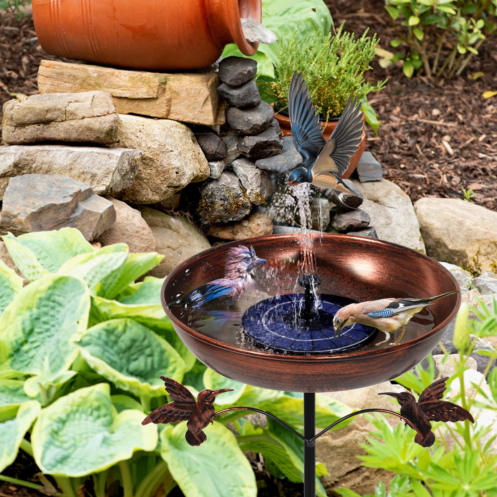 Bebedero de metal para pájaros de pie, para exterior, jardín, vintage, con base estable de 5 puntas, bebedero de agua para pájaros, aves silvestres, bebedero antiguo para jardín, patio trasero