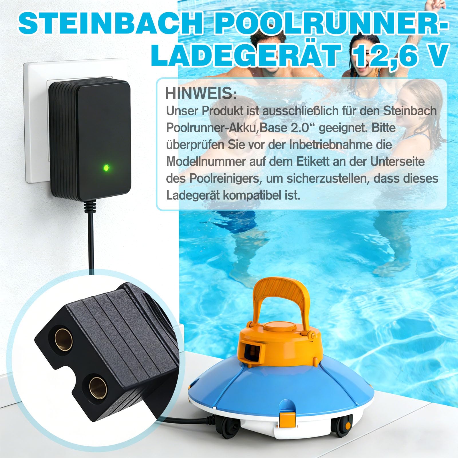 Caricatore per robot da piscina, 12,6 V, per Steinbach, Poolrunner Battery Basic 2.0, alimentatore di rete, corrente costante con luce rotante