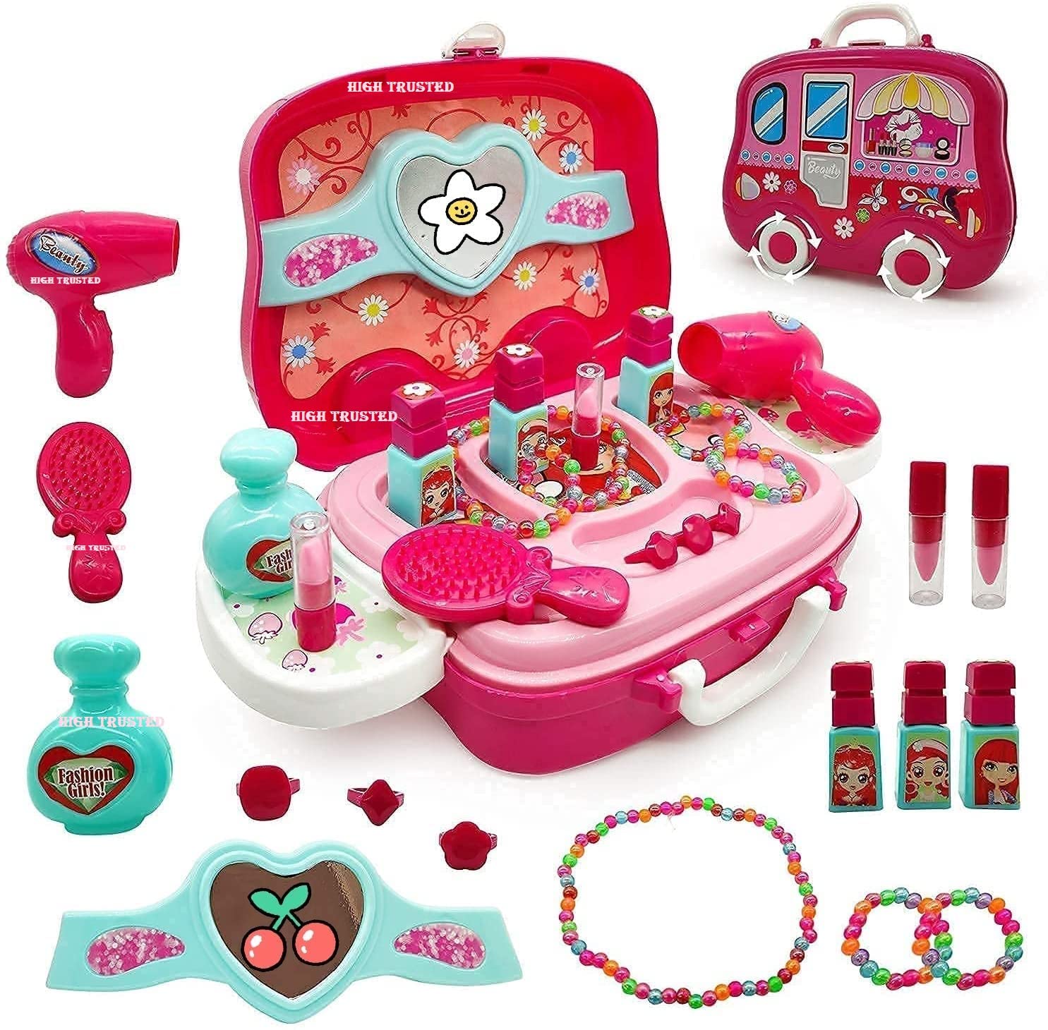 Colorful Beauty Makeup Pretend Play Toy Set for Girl with Makeup Accessories and Carry Suitcase (23Pcs - Pink)