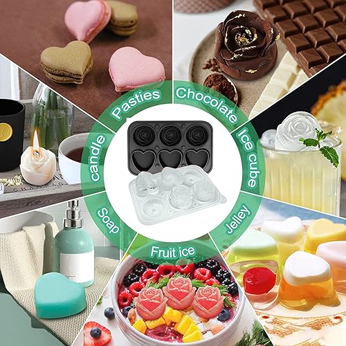 Miniatura 7 de Moldes de hielo de rosas 3D y moldes de hielo en forma de corazón, clip para cubitos de hielo, bandejas grandes para cubitos de hielo, hacen 6