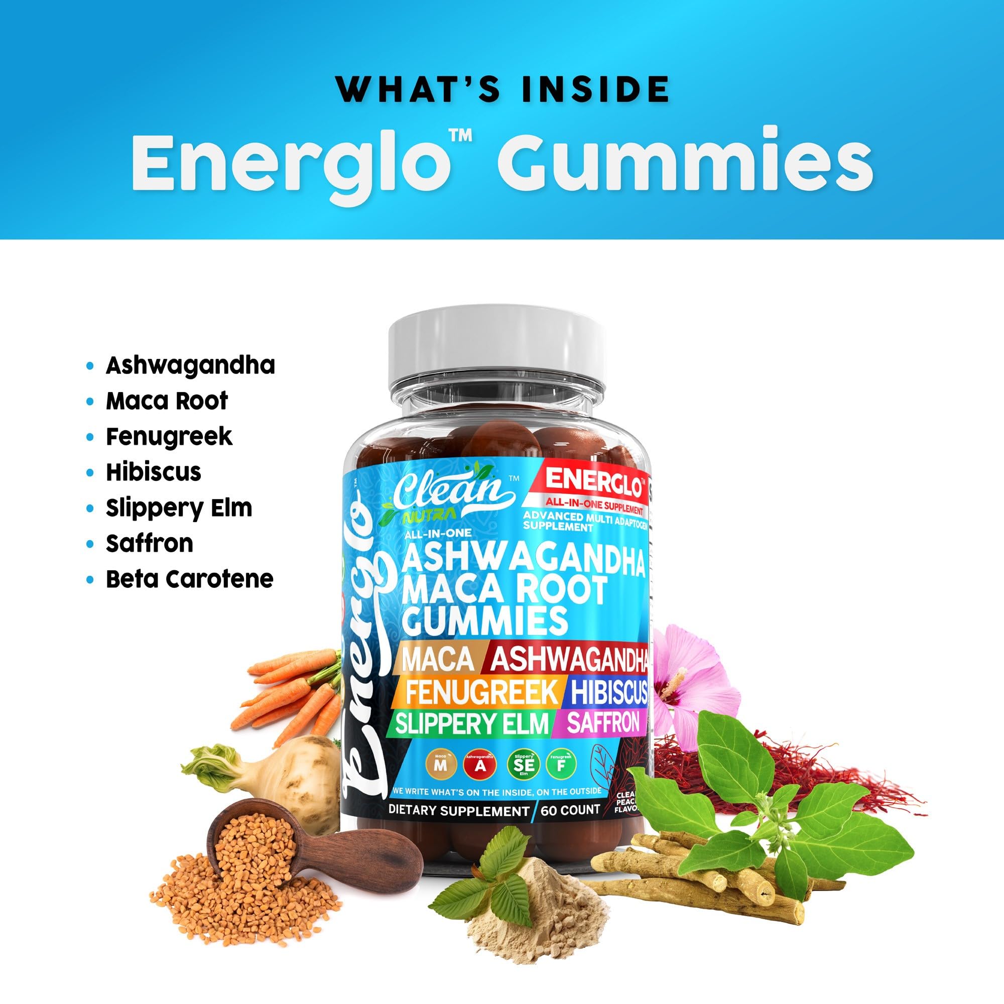 Ashwagandha Maca Root Gummies with Fenugreek Hibiscus Slippery Elm Saffron Extract & Beta Carotene | Peach Flavor Vegan Gummy Vitamins Adaptogen Cortisol Supplement Energlo By Clean Nutra — Amazon image 5