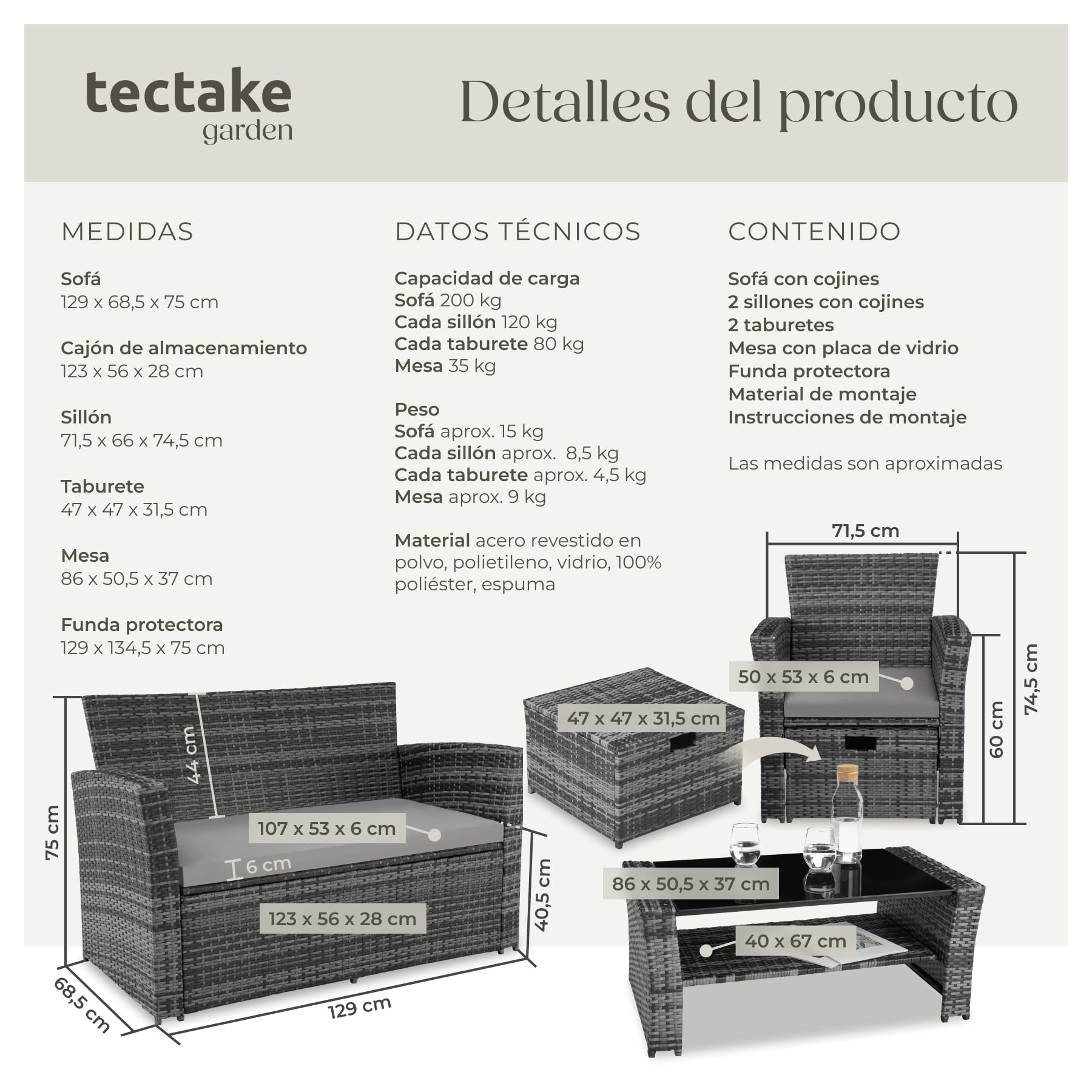 tectake® Conjunto Jardín Exterior de Ratán y Acero, Diseño Arqueado, Muebles Jardín Exterior Resistente a la Intemperie, 2 Sillones, 2 Taburetes, 1 Mesa con Cristal, con Cojines y Funda - Gris