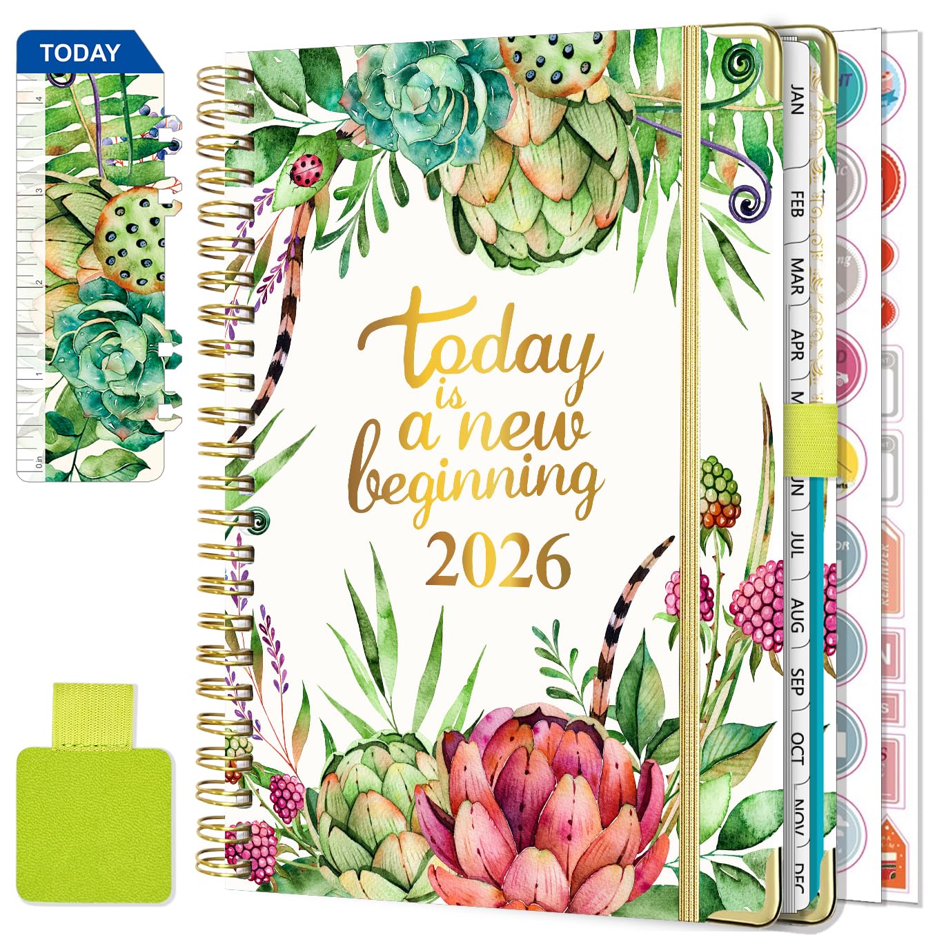 NEYSA Agenda 2026 Settimanale spirale, Diario Scuola A5 Da gennaio a dicembre 2026 (12 mesi) agenda scolastica con passante per penna, righello segnalibro e adesivi - 21,7 X 15,8 cm (Erba verde)