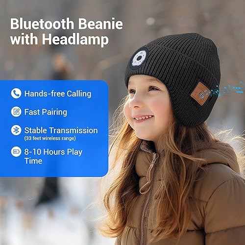 Miniatura 2 de Gorro Bluetooth con luz LED para niños, micrófono integrado y altavoces estéreo, gorro de punto con música recargable por USB (negro, niño)