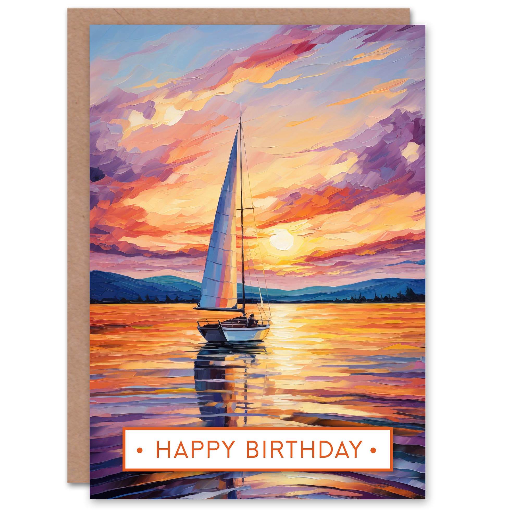 Artery8 Happy Birthday Sunset Sailing Sailboat Vibrant Seascape Birthday Card