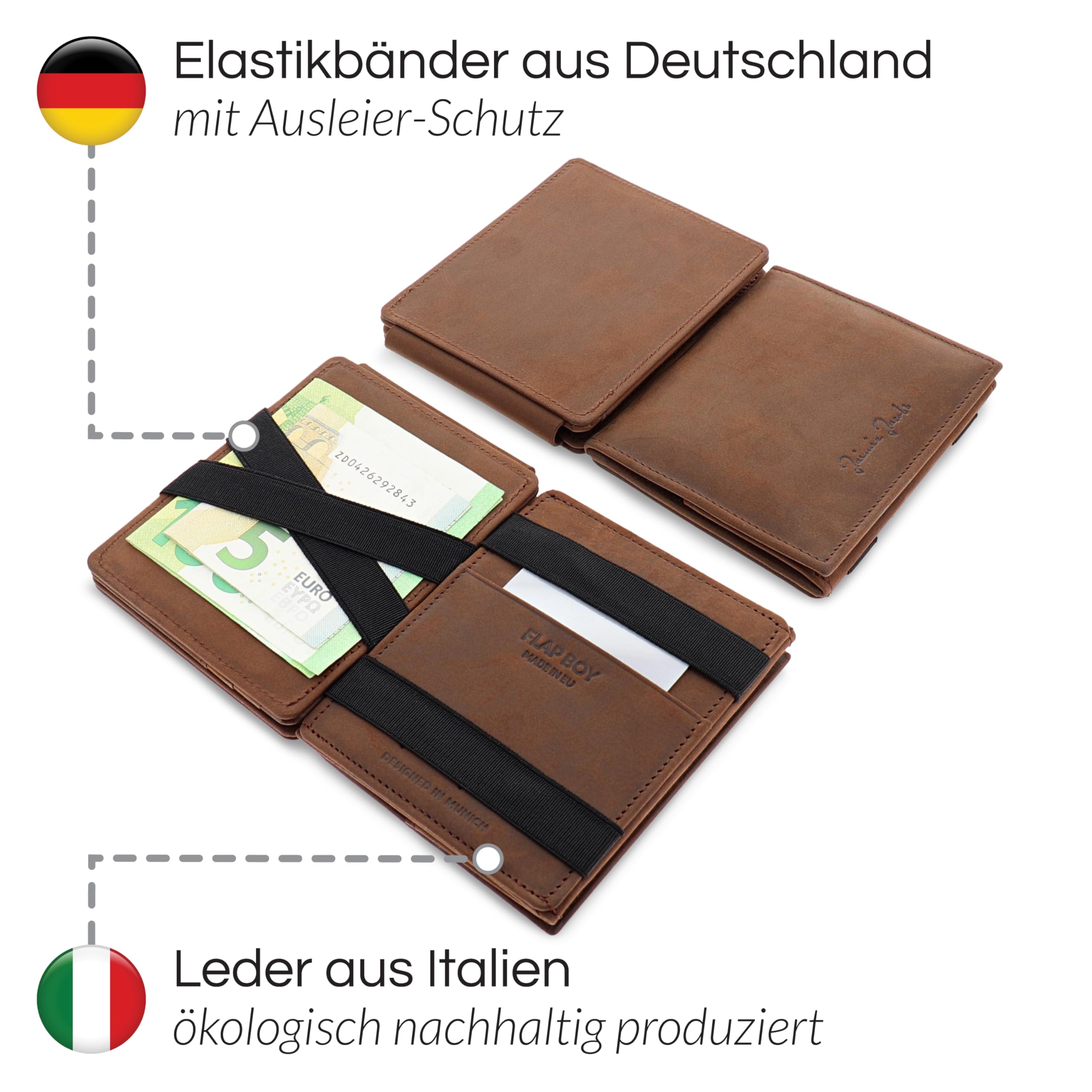 Jaimie Jacobs Flap Boy XL AirTag-Edition mit Gravur Magic Wallet mit Münzfach Leder (Büffelleder Braun)