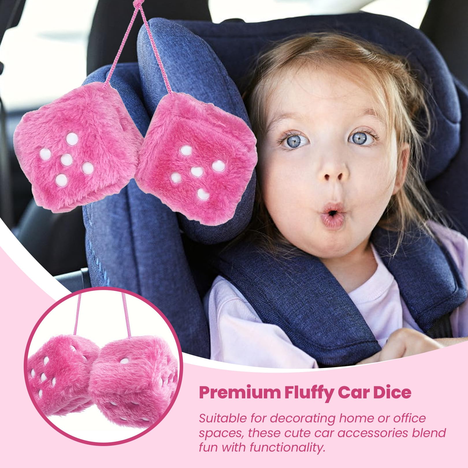 Pair 3” Fuzzy Plush Dice Furry Dice for Car Fuzzy Dice for Car Pink Fluffy Dice Car Decor Cute Soft Plush Rearview Mirror Decor Rear View Mirror Hanging Accessories for Car Interior Ornament — view 3