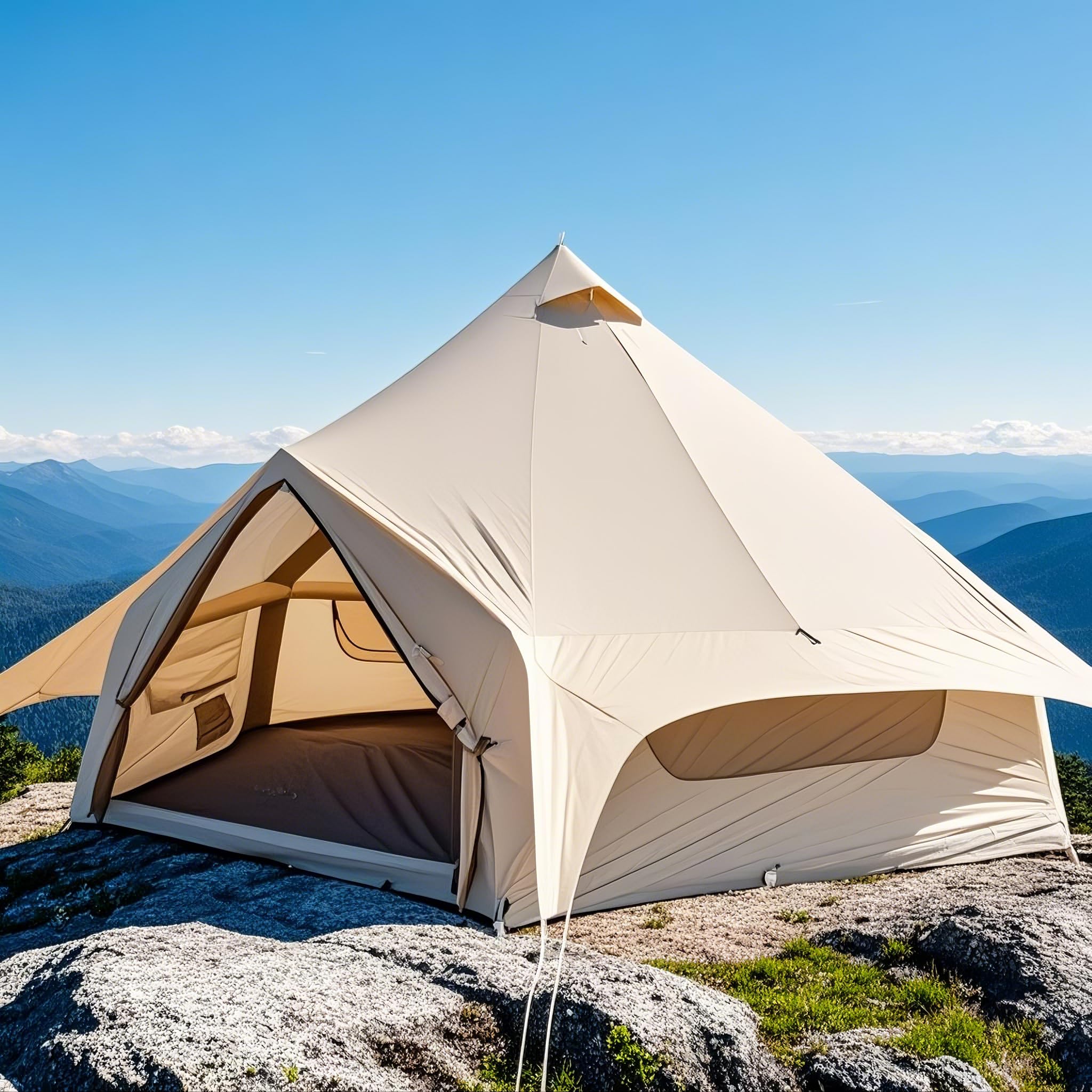 Inflatable Tents for Camping, Cotton Canvas Material Yurt Tent, Easy Setup & Portable Blow up Bell Tent with Stove Jack, Ideal for 4-6 Person, Beige