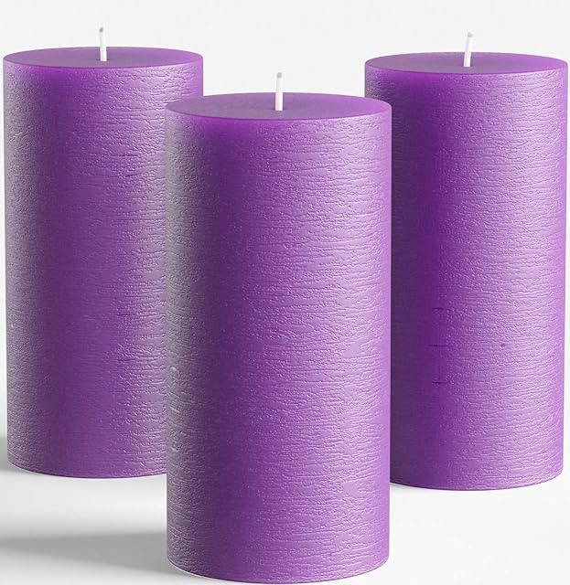 Set of 3 Purple Pillar Candles 7,5 x 15 cm Unscented Handpoured for Weddings, Church, Home Decoration, Relaxation, Spa, Smokeless Cotton Wick - Fragrance-Free by Melt Candle Company