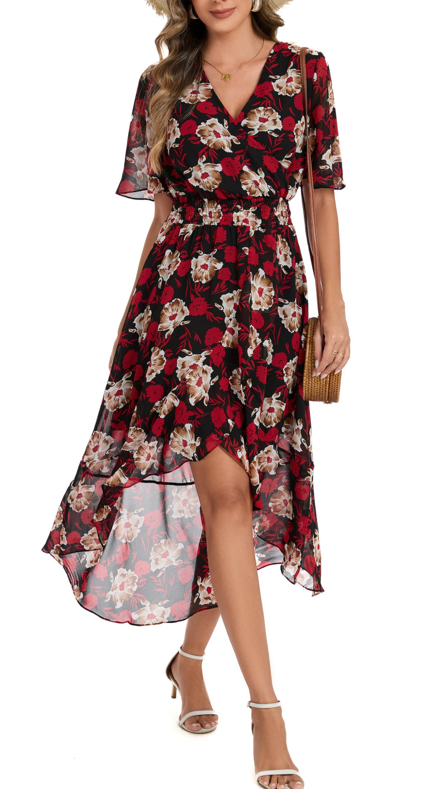 Kormei Women Short Sleeve V Neck Floral High Low Flowy Summer Party Long Maxi Dress