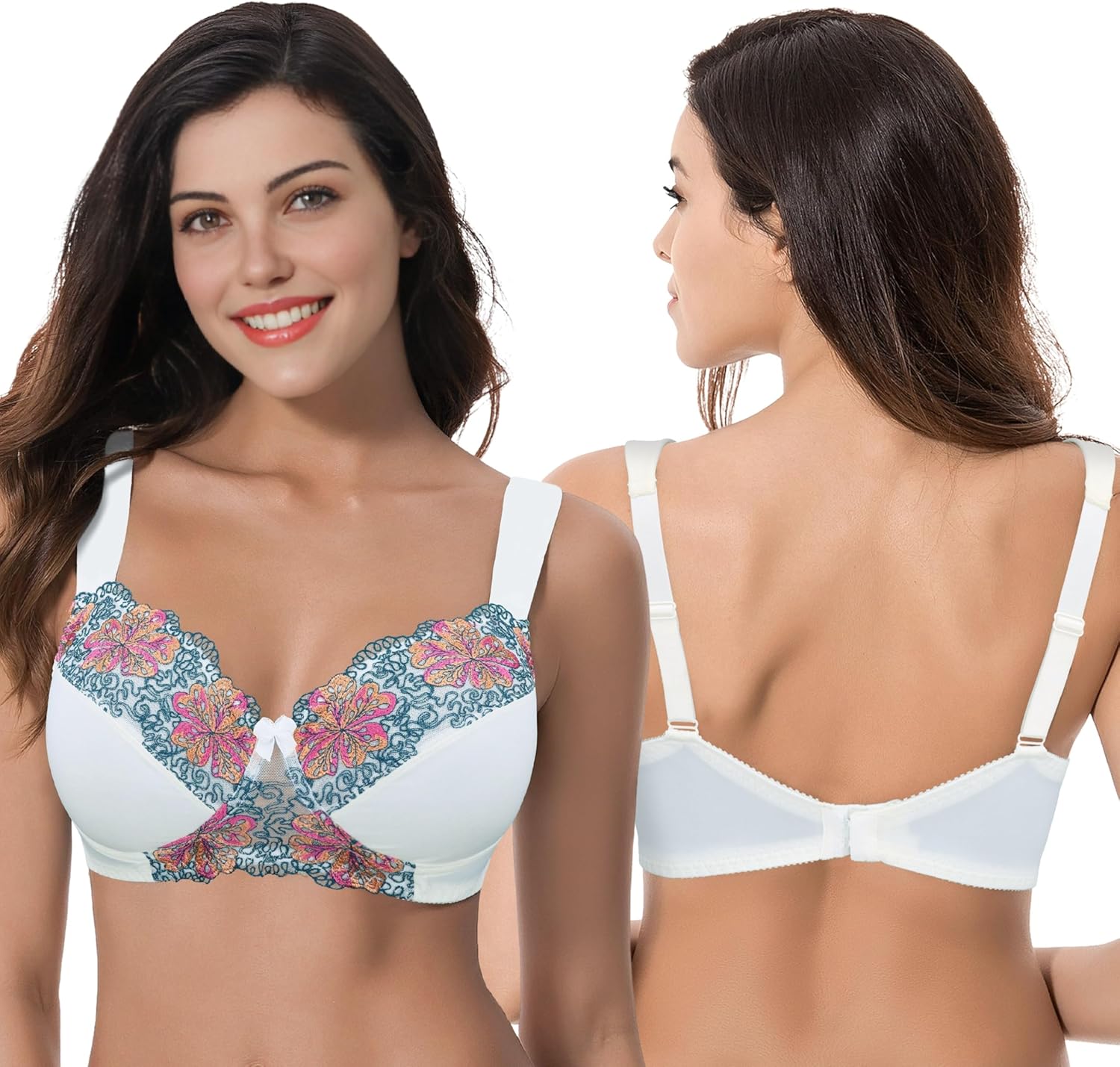 Curve Muse Women's Plus Size Minimizer Wireless Unlined Bra with Embroidery Lace