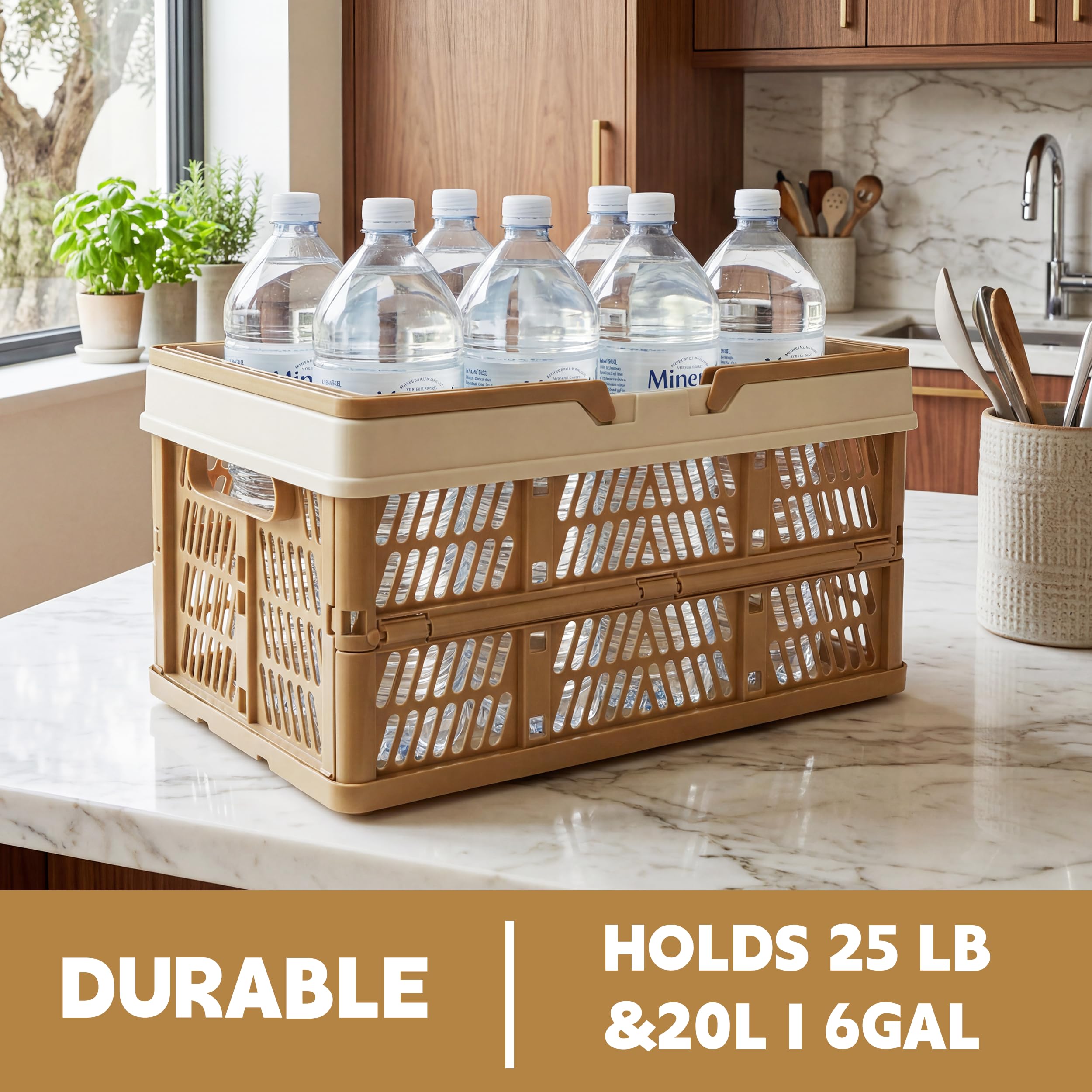 VALESKA Caisse pliable de 20 L, panier à lait pliable en plastique pour rangement, panier de courses pliable avec poignées, panier de coffre de voiture, pour cuisine (marron)