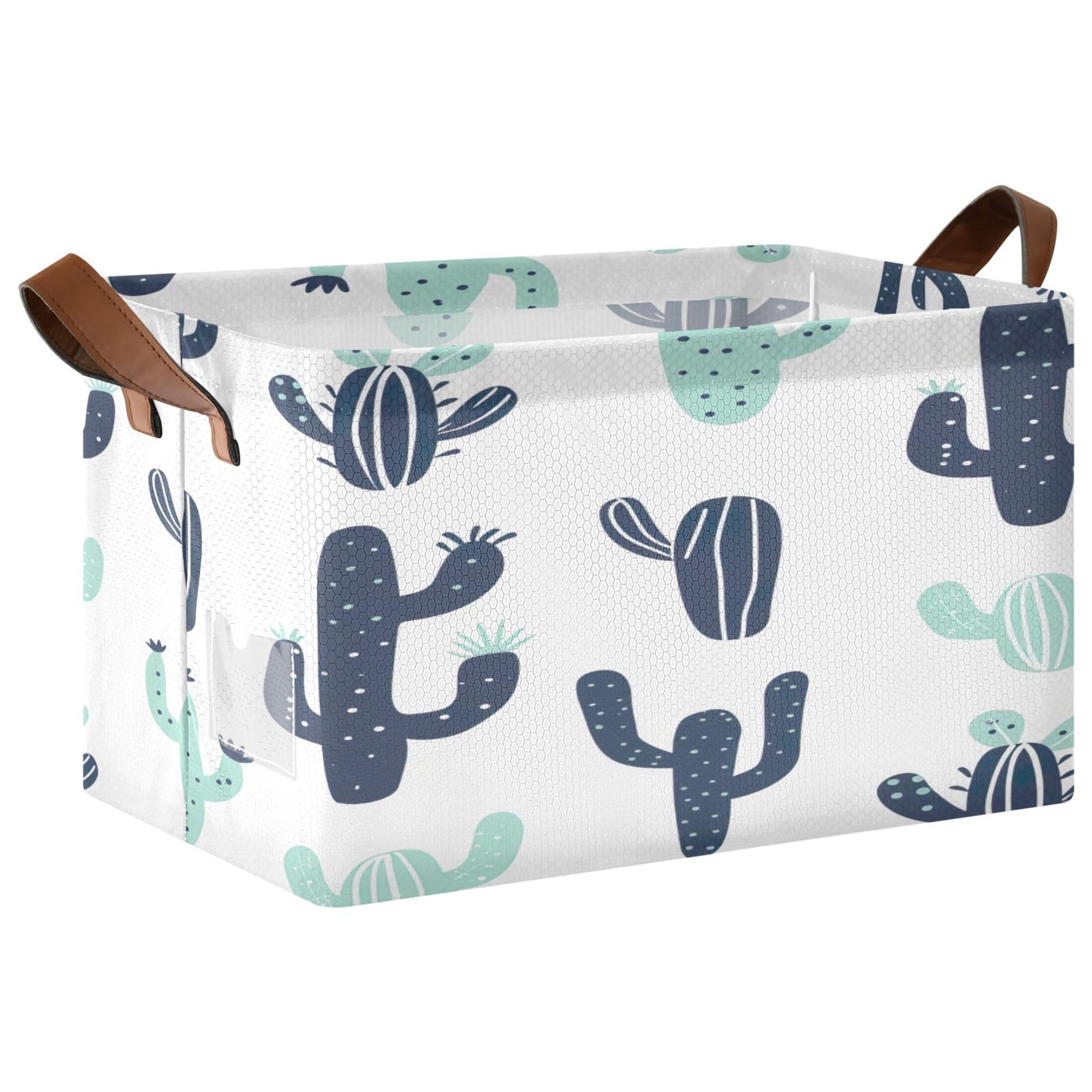 Kutsu Foldable Storage Basket Blue Cactus Collapsible Storage Bin with Handles for Shelves, Rectangle Basket for Home Nursery Decor, 16.9x11.4x10 in