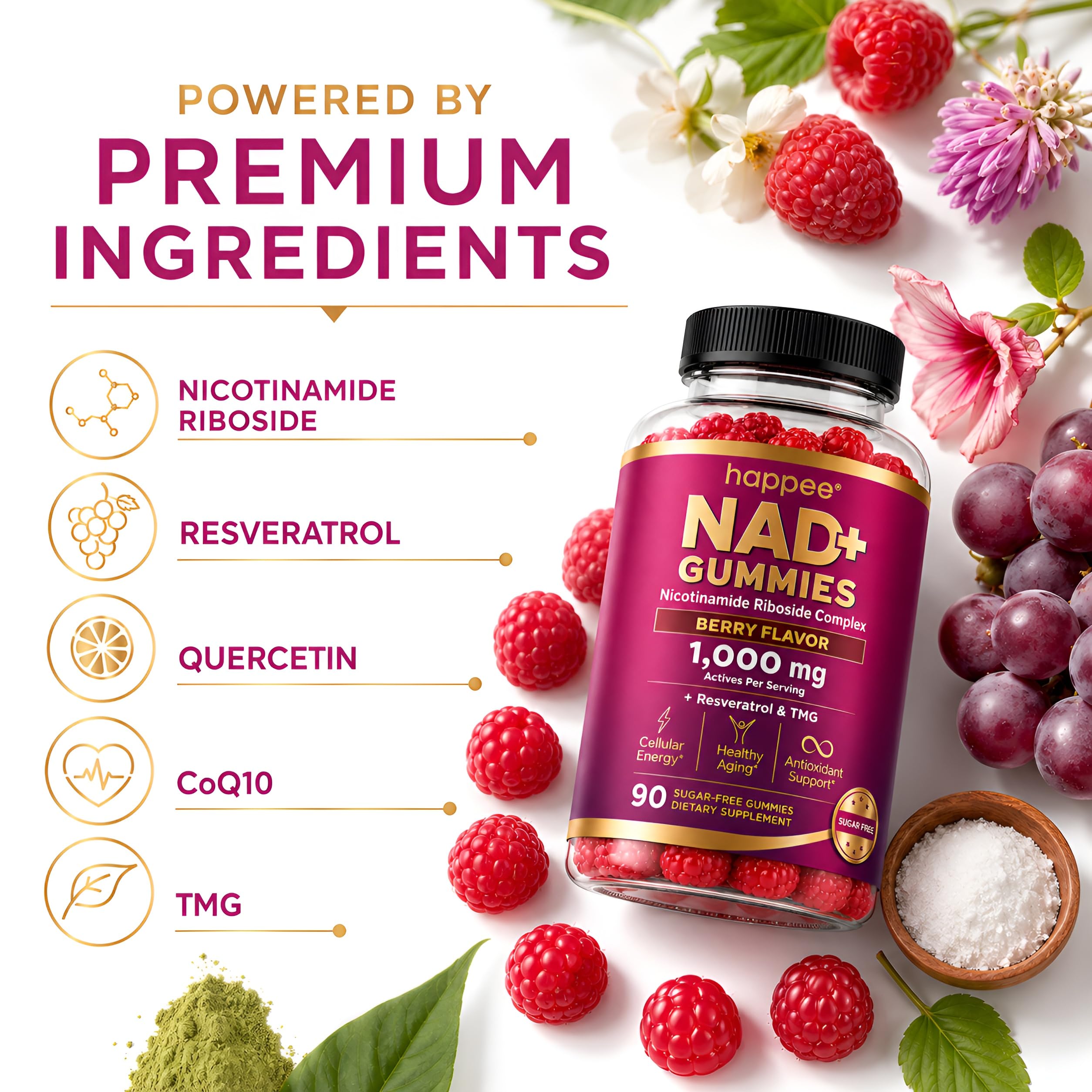 Happee NAD+ Gummies Supplement for Women & Men, Sugar-Free 1,000mg 90 Ct — Amazon image 3