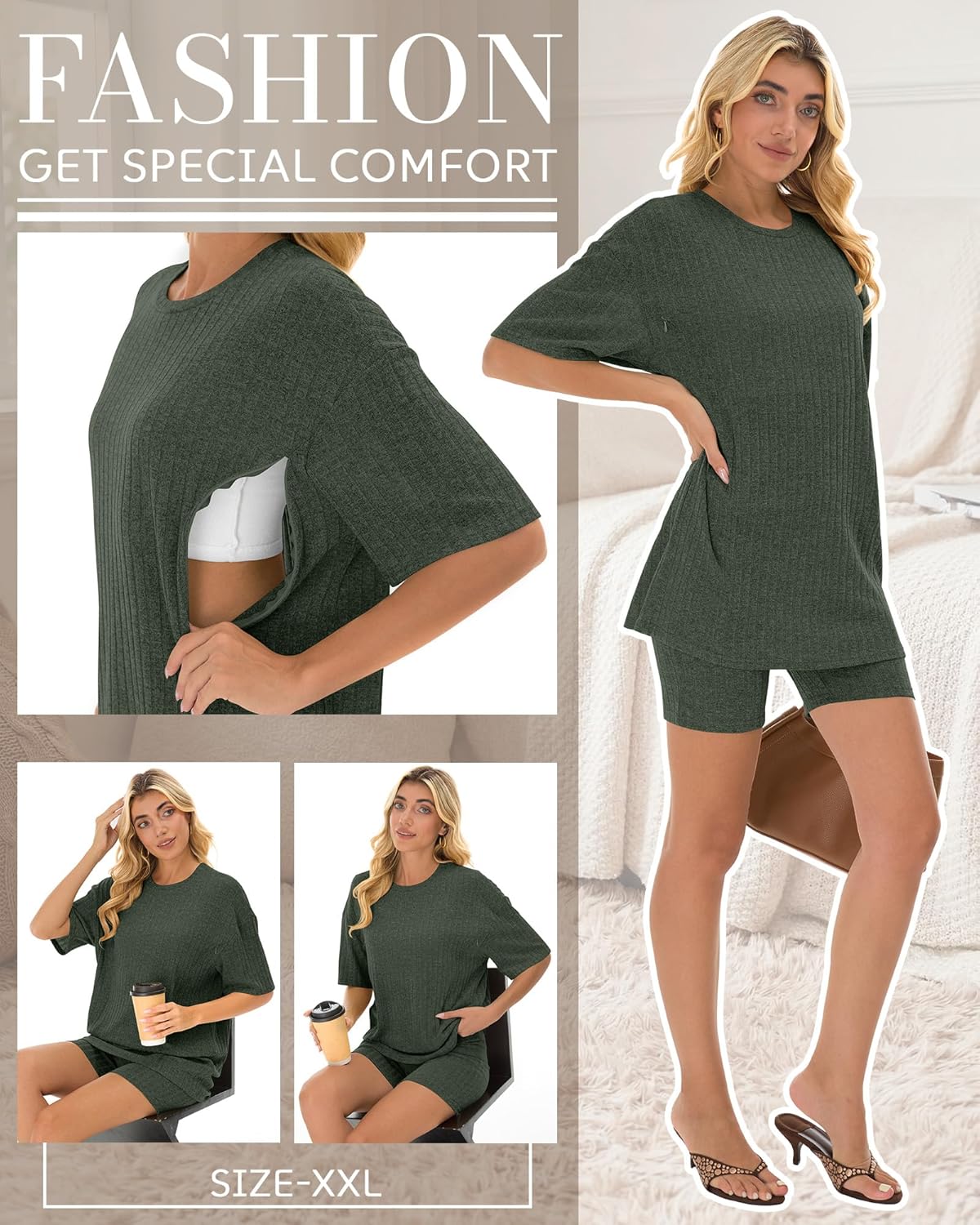 Women's 2 Piece Outfit Maternity Nursing Set Breastfeeding Ribbed Zipper Short Shirts Pregnancy Shorts with Pockets