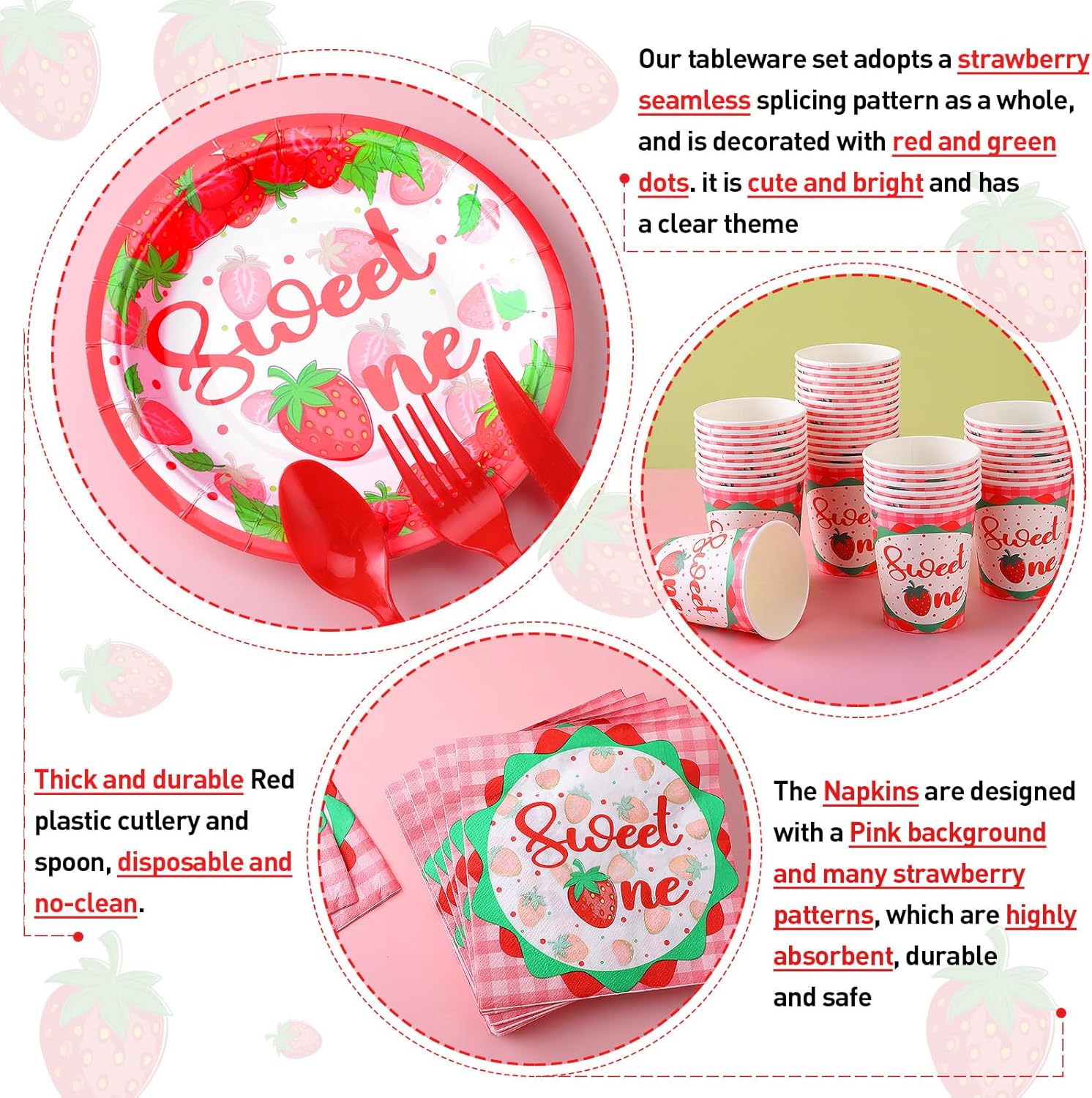 350 Pcs Strawberry Sweet One Party Supplies Tableware Set Disposable 9'' 7'' Paper Plates 9 oz Cups Cutlery Napkins Dinnerware Set for 1st Birthday, Serve 50 (Strawberry Sweet One, Red, Pink) - Image 3