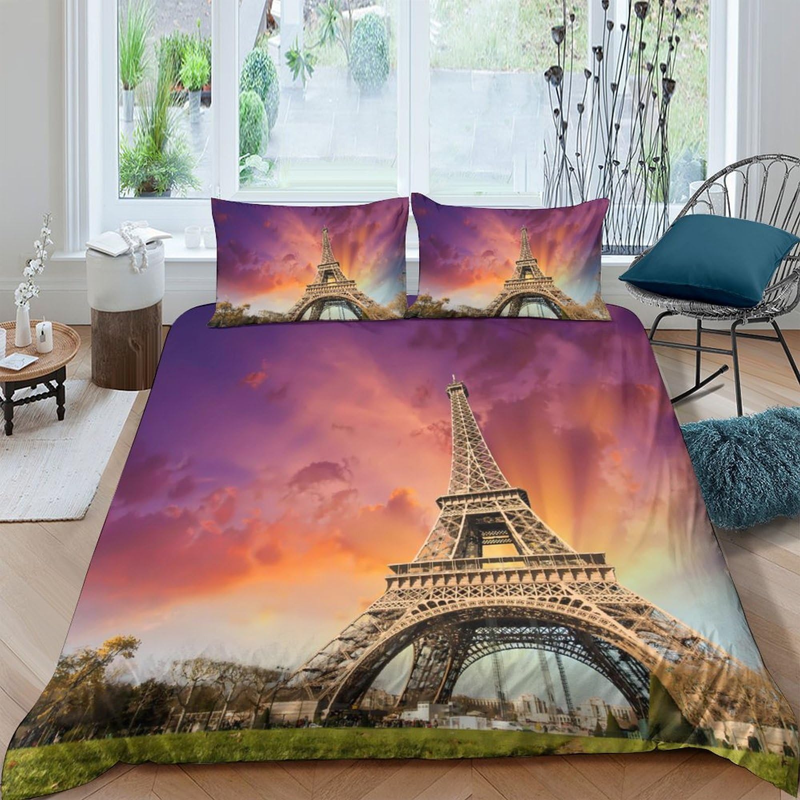 Ctjqhvkz Style-1 3D Printed Sunset Eiffel Tower Fitted Sheet Microfiber Soft Bed Cover For Bedroom Dorm Mattress Protection Decor Single（135X200cm）