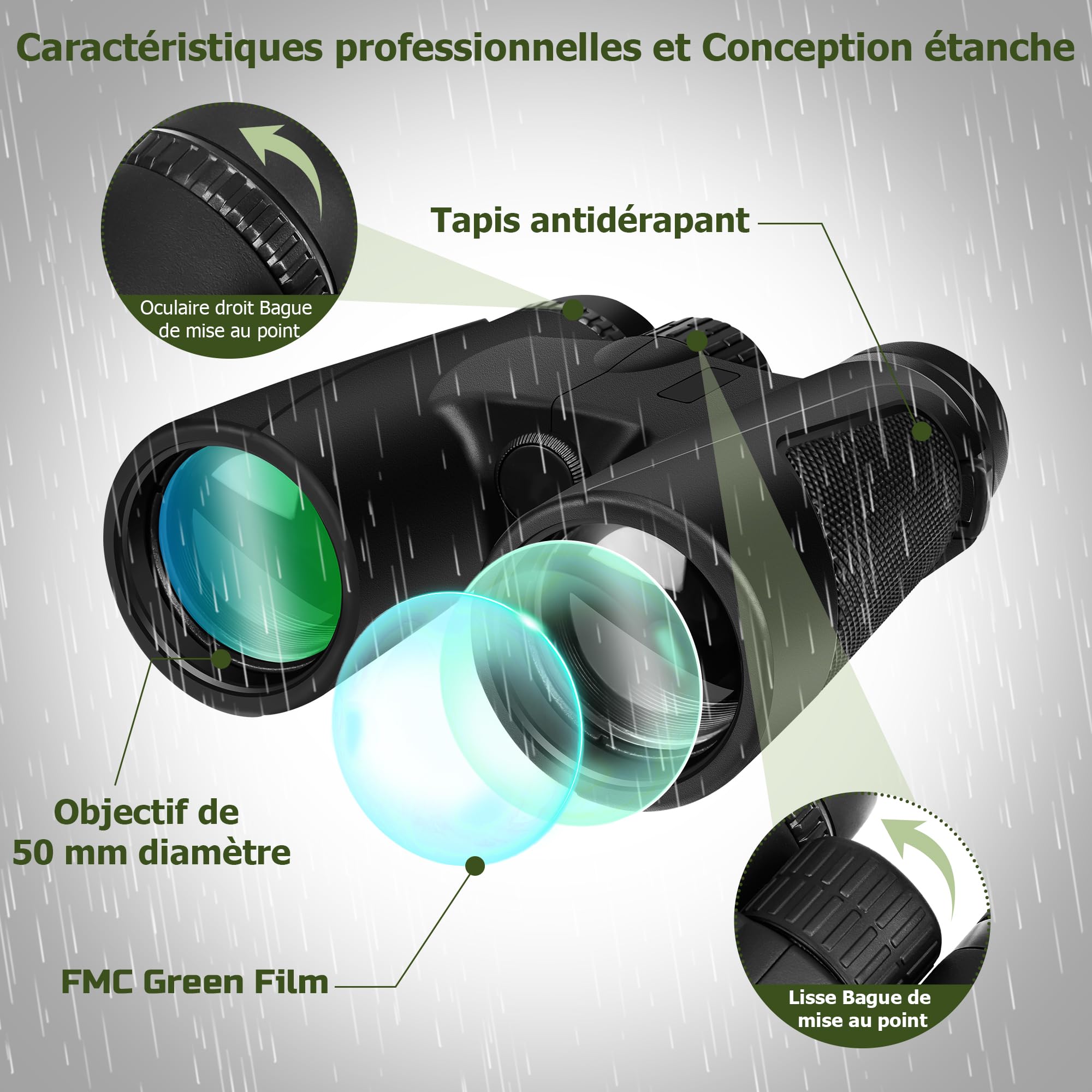 15X50 Jumelles pour Adultes Puissante BAK4 Prism FMC Lentille - Black
