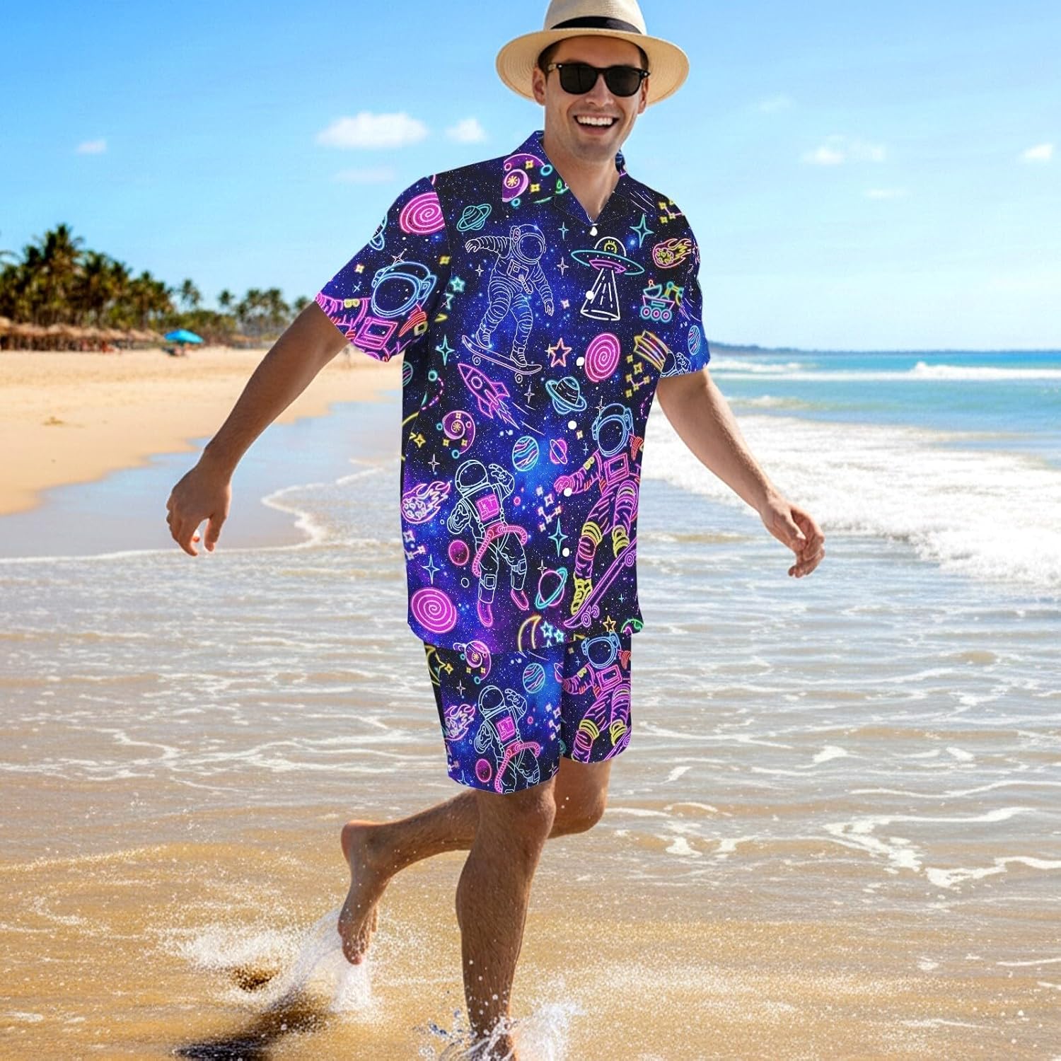 ukoyhga Rave Outfits for Men Space Neon Hawaiian Shirt Retro 90s 80s Outfit 2 Piece Sets Astronaut Disco Outfits Tracksuit