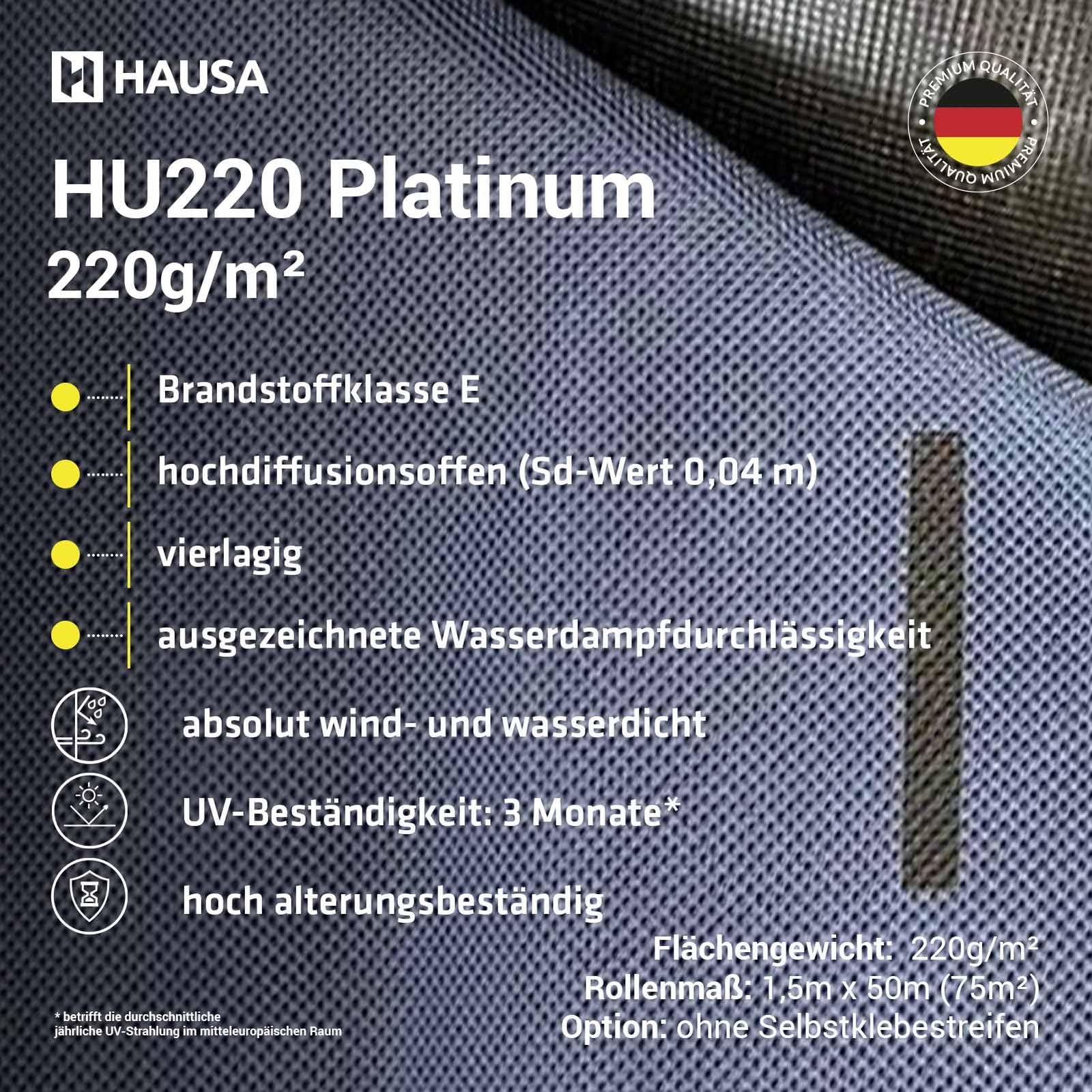 HAUSA Unterspannbahn 220g/m² dunkelblau 37,5m² (1,5m x 25m) Unterdeckbahn Platinum HU220 Dachfolie ohne Klebestreifen hochdiffusionsoffen wasserdicht Schalungsbahn Dach reißfest schlagregensicher