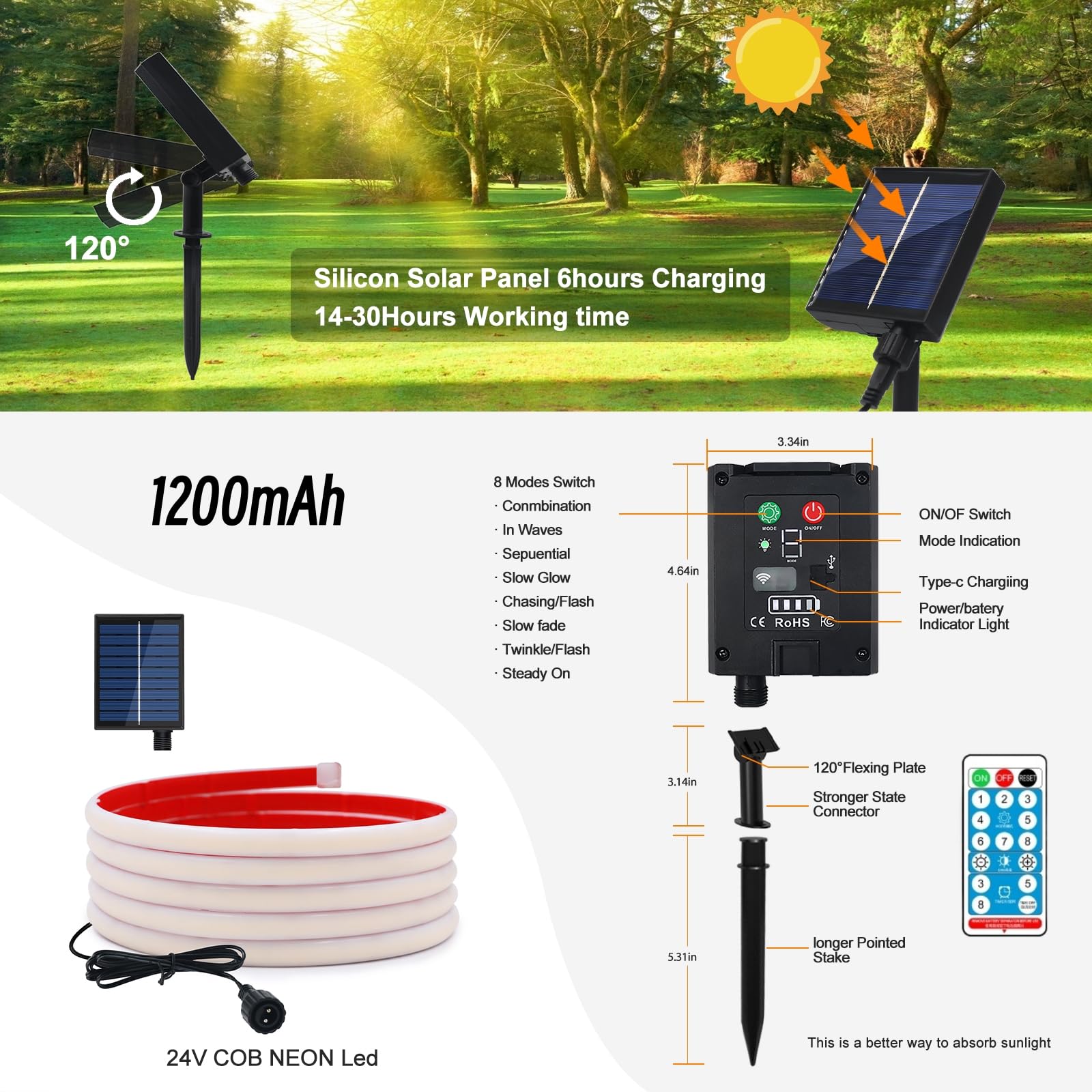 KISUFU 24V Bande LED lumineuse solaire Extérieur, 320 LEDs/m IP68 Étanche Auto-adhésive 2400mah Solar Powered Ruban LED Light Strip avec télécommande et 8 modes pour porche, décoration de jardin.