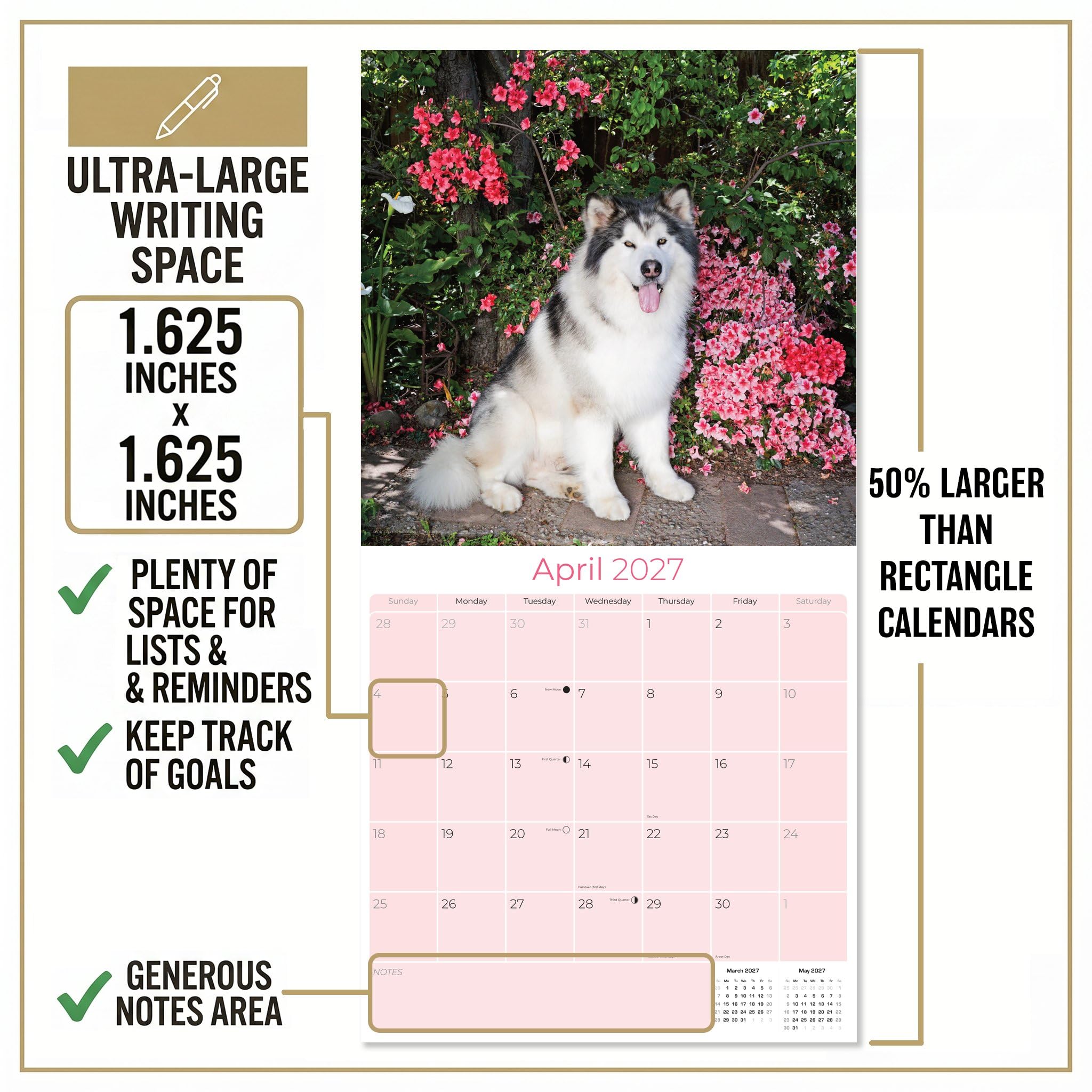 Alaskan Malamute Kalender 2027, 16-Monats-Wandkalender 2026 2027, Geschenk für Hundeliebhaber, dickes 100# Papier, große Schreibblöcke, hergestellt in den USA, Schlittenhund, Dekoration