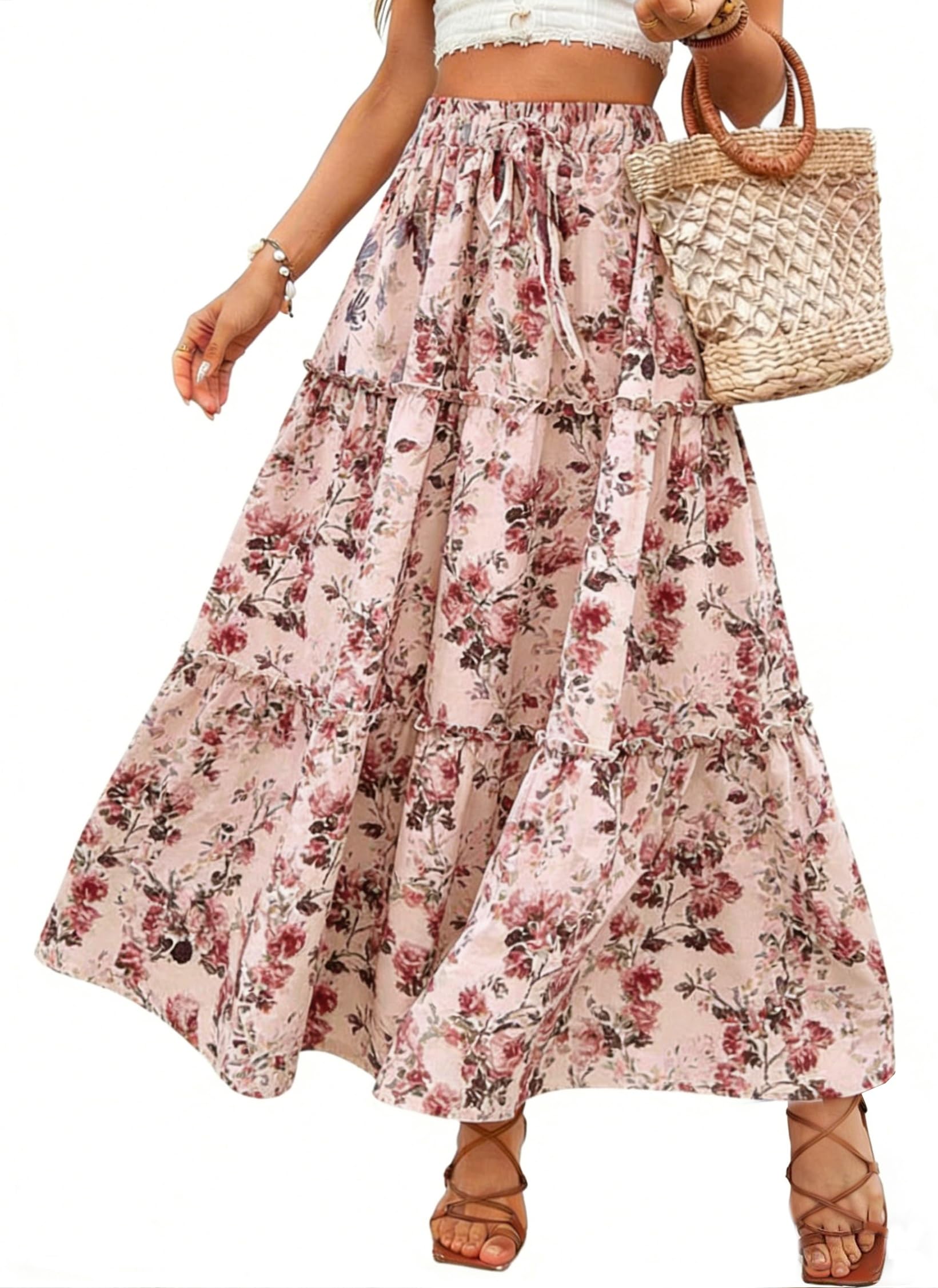 Falda Larga Cintura Alta Elegante Maxi con Bolsillos A-línea Elástica Bohemio Playa Verano