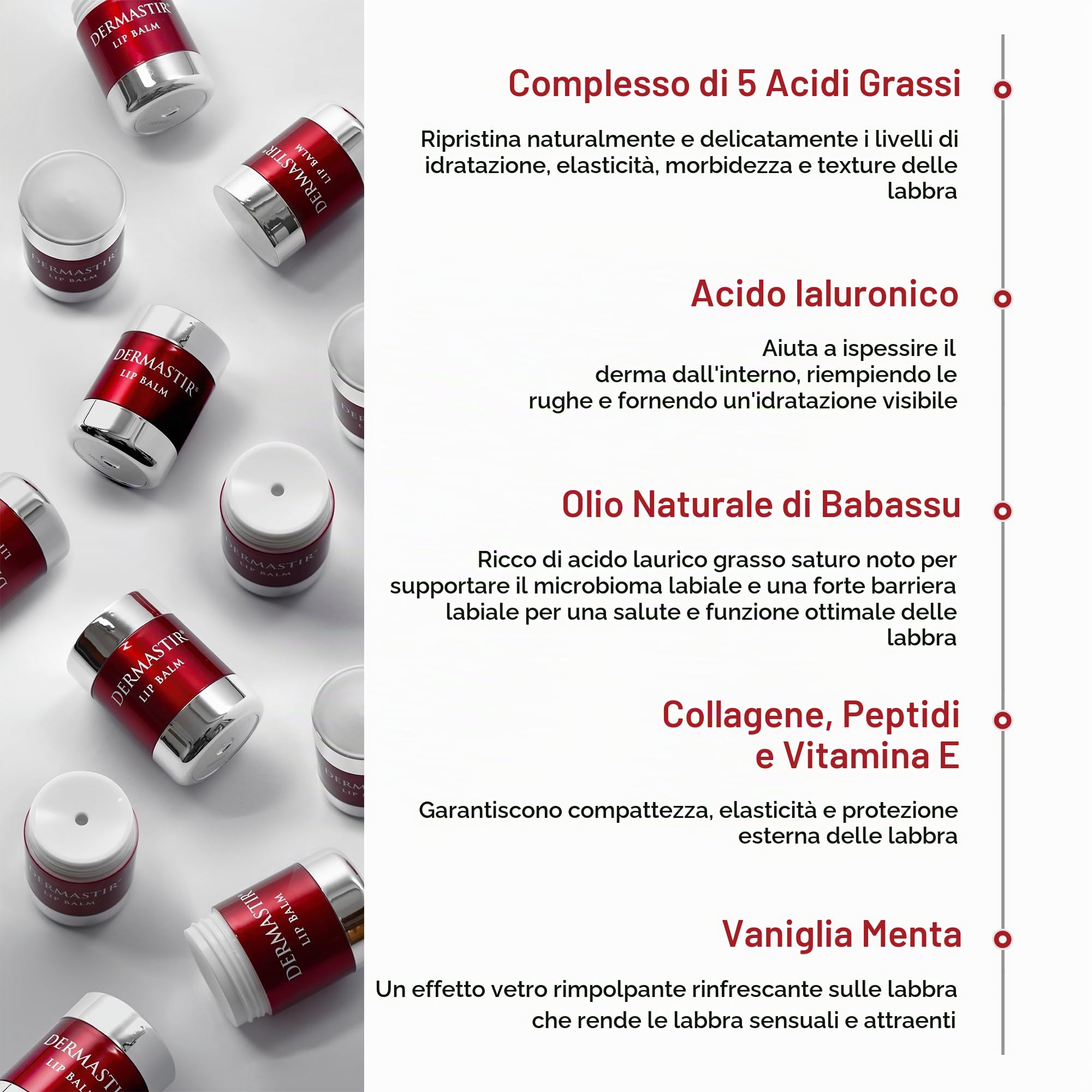 Dermastir Lip Balm, Balsamo Labbra - Idrata, Protegge e Ripara con 5 Acidi Grassi, Collagene, Peptidi e Vitamina E - 15ml