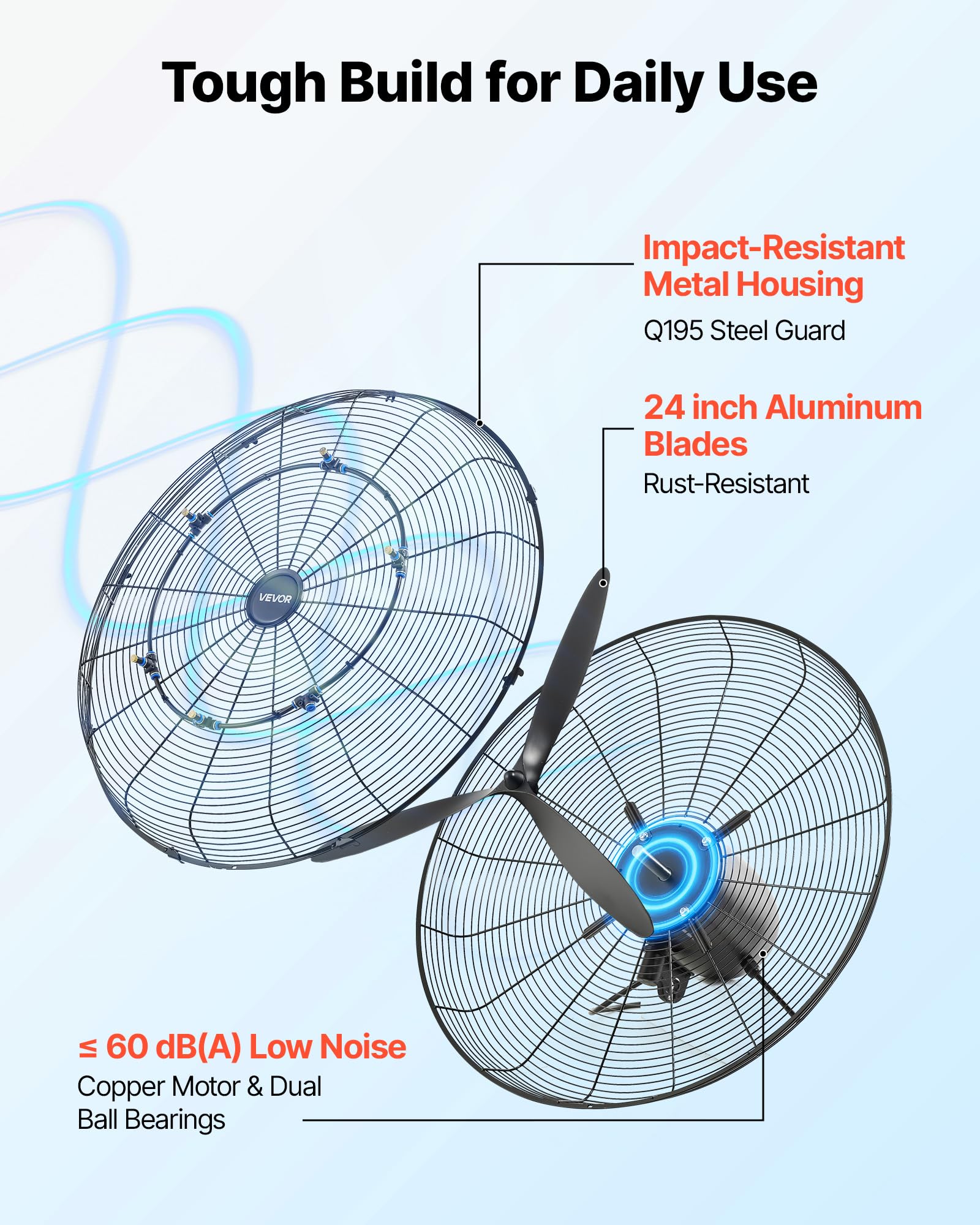 VEVOR Ventilador de Pared con 3 Velocidades, Nebulización, Motor de Cobre, IP44, Ángulo Ajustable, Ventilador Industrial Oscilante de Acero al Carbono para Exterior, Taller, Invernadero, Ganadería