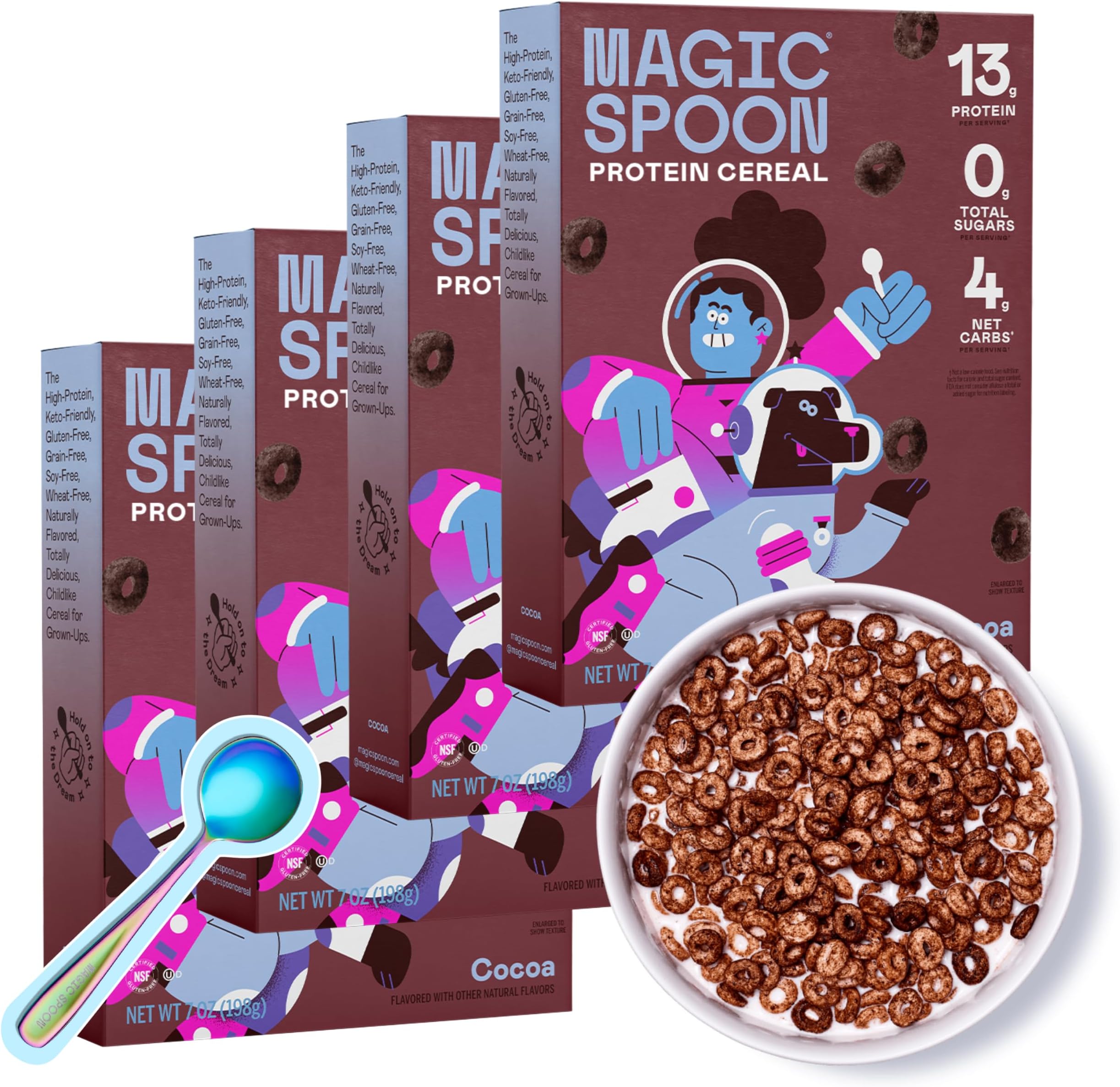 Magic Spoon High Protein Cereal with Exclusive Spoon - Sugar Free Snacks & Breakfast Food - Grain & Gluten Free Cereal - Healthy Snacks - Low Carb & Keto Friendly - 4 Pack, Cocoa