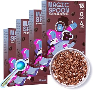 High Protein Cereal with Exclusive Spoon - Sugar Free Snacks & Breakfast Food - Grain & Gluten Free Cereal - Healthy Snacks - Low Carb & Keto Friendly - 4 Pack, Cocoa