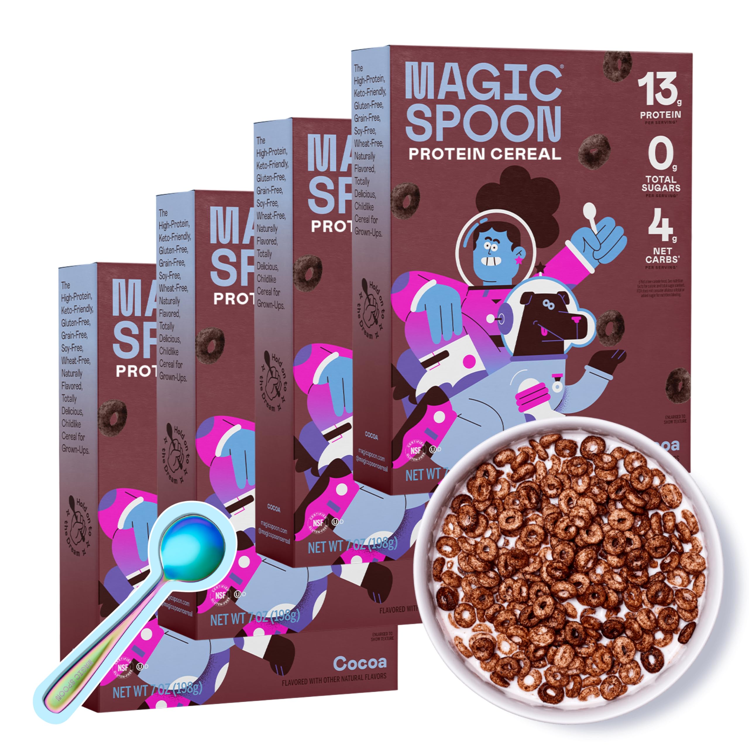 High Protein Cereal with Exclusive Spoon - Sugar Free Snacks & Breakfast Food - Grain & Gluten Free Cereal - Healthy Snacks - Low Carb & Keto Friendly - 4 Pack, Cocoa