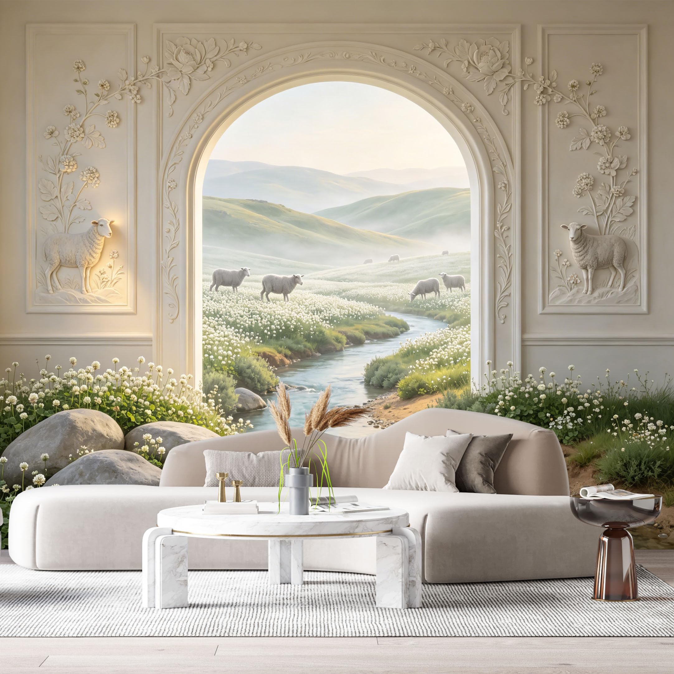 Custom Size Wall Murals Archway Sheep Landscape River 3D Trompe L'Oeil SelfAdhesiveWall Fabric Removable Wallpaper Wall Decor for Living Room Bedroom Bathroom