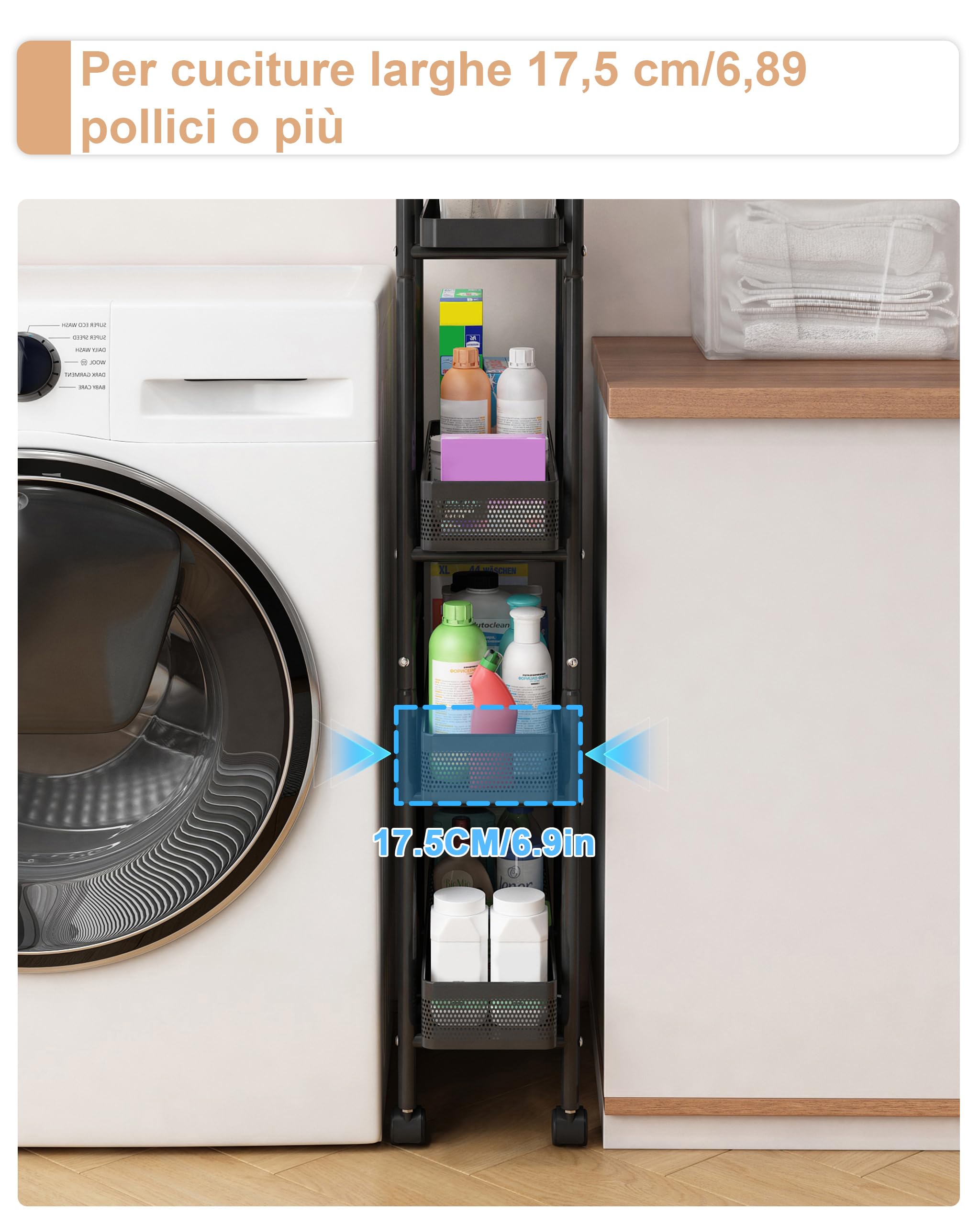 UMDONX Carrello Cucina con Ruote Stretto con Cassetti Estraibili,Nero | Carrello Cucina Salvaspazio Portaoggetti a 4 Livelli in Metallo,Carrello di Servizio Sottile con Ruote per Cucina Bagno