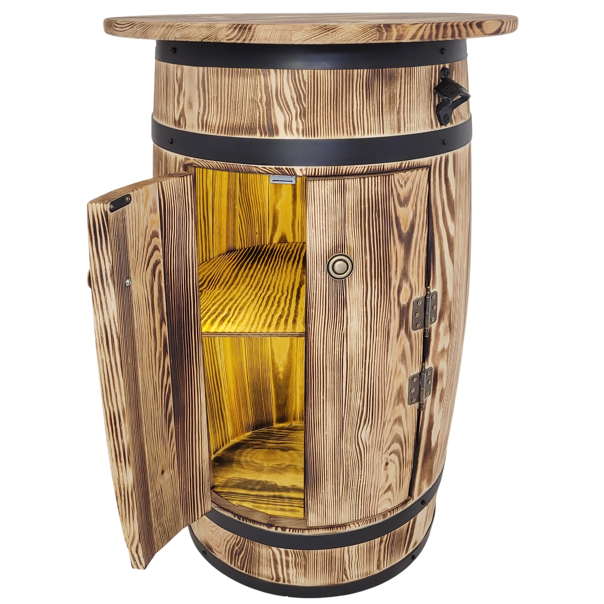 weeco Holzbarfass mit Ablage und LED-Beleuchtung für Alkohol und Gläser – rustikaler Stil, mit Türen und Flaschenöffner, handgefertigt aus Kiefernholz 80x55x40