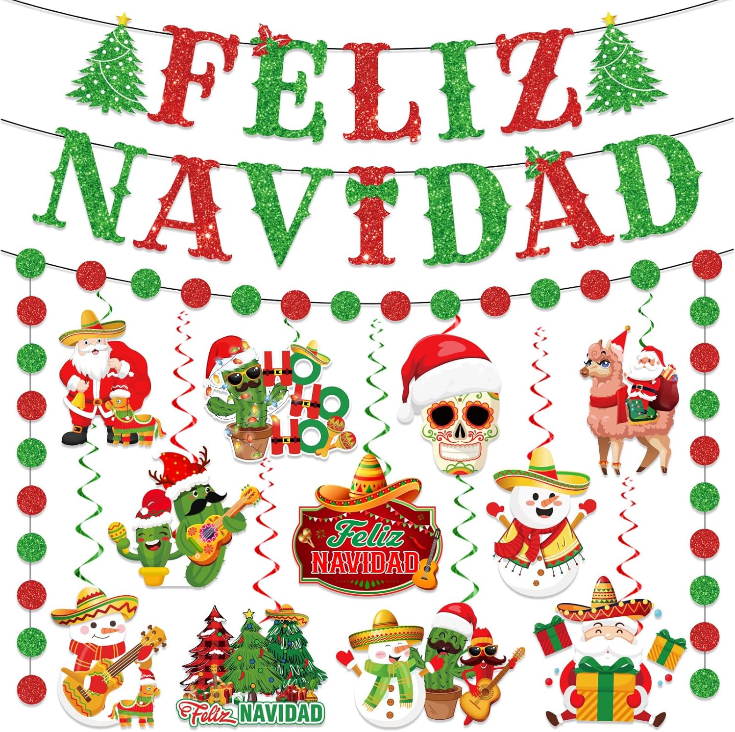 Decoraciones navideñas mexicanas – Cartel de Feliz Navidad y remolinos colgantes
