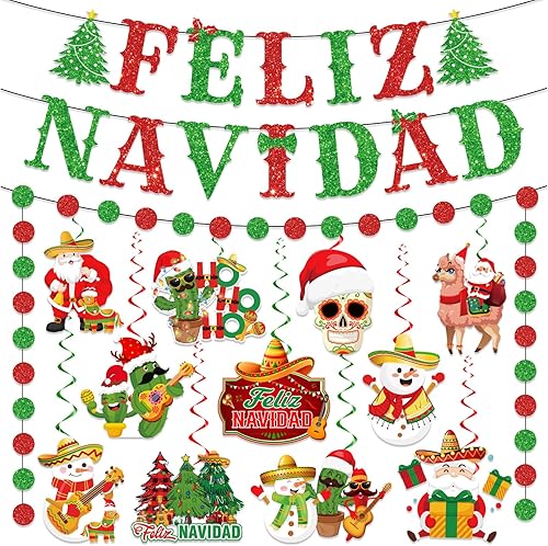 Decoraciones navideñas mexicanas - Cartel de Feliz Navidad y remolinos colgantes