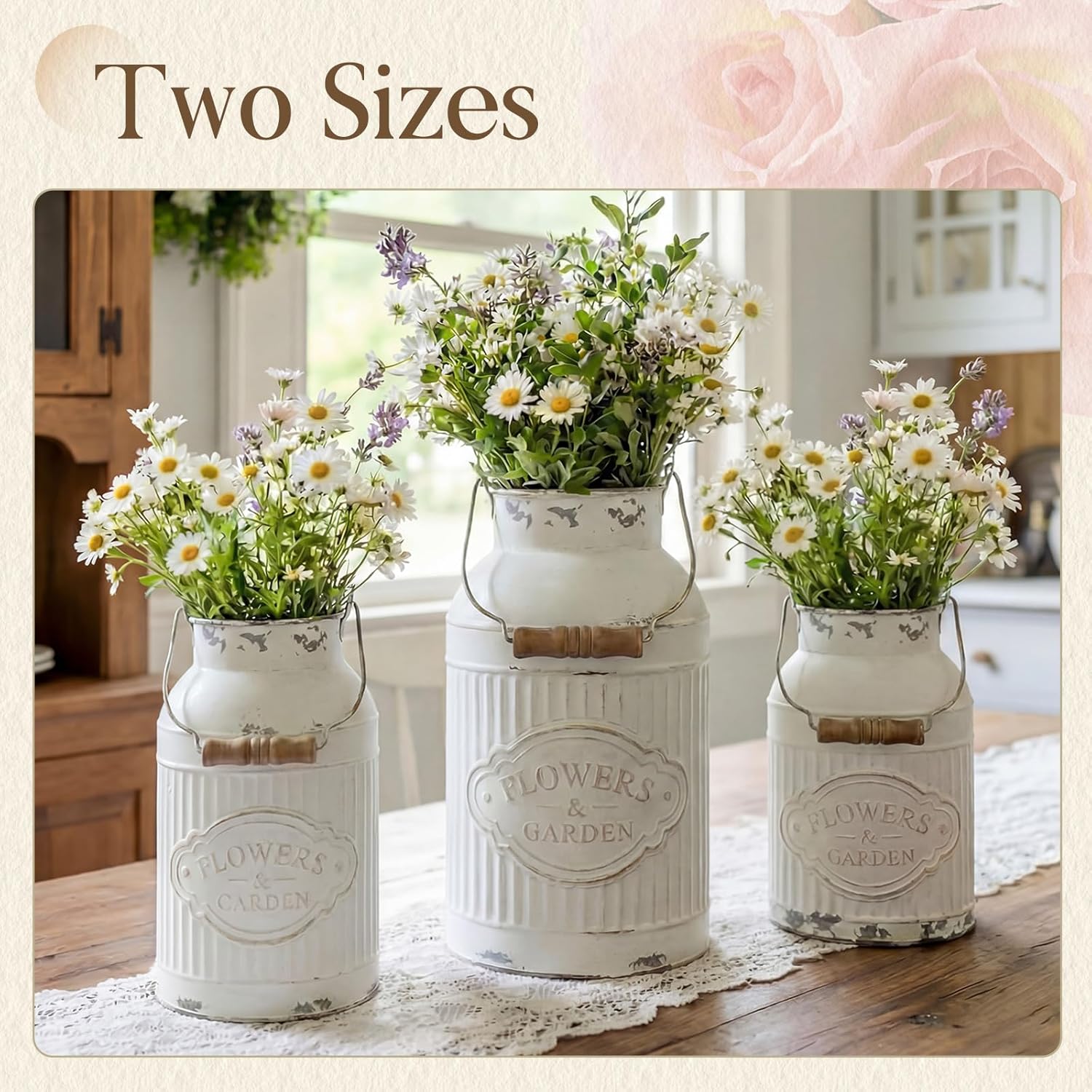 2 Pcs Shabby Chic Vase Milk Jug Vase Rustic White Metal Flower Bottle Farmhouse Galvanized Flower Bottle with Handle Vintage Decor for Home Garden Farmhouse Kitchen(10.6 x 7.1 x 5.5 Inch)