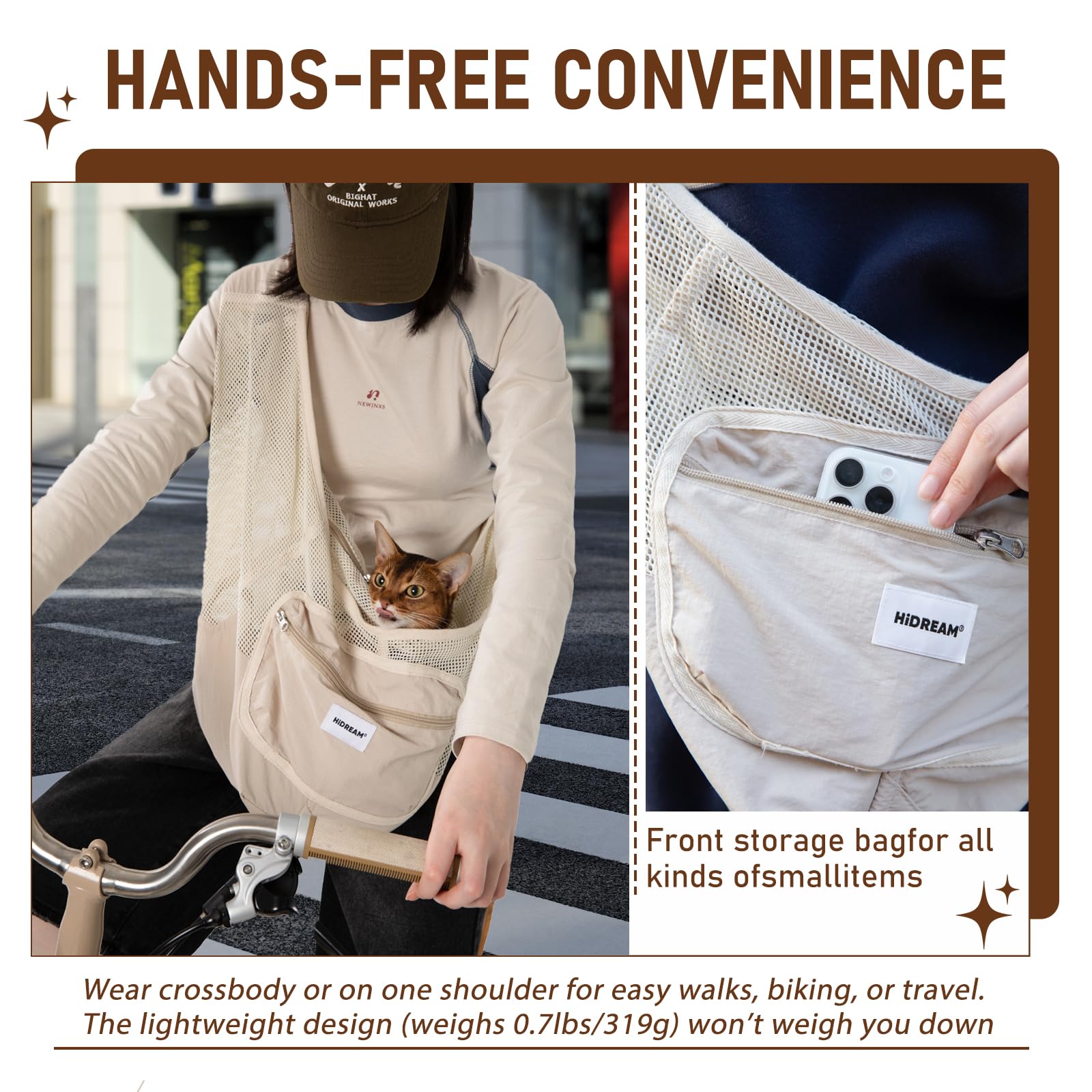 Bolsa bandolera para perro, transportador de mascotas de malla transpirable ligera para gatos y perros pequeños (hasta 7 kg), correa ajustable con bolsillo con cremallera (marrón)