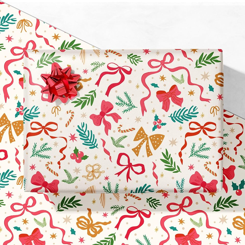 GIOLNIAY Christmas Bows Wrapping Paper for Girls Boys Kids - Holiday Gift Wrap with Ribbons, Red Bows, Winter Foliage Design - 4 Jumbo Sheets, 2840 Each, Easy to Store