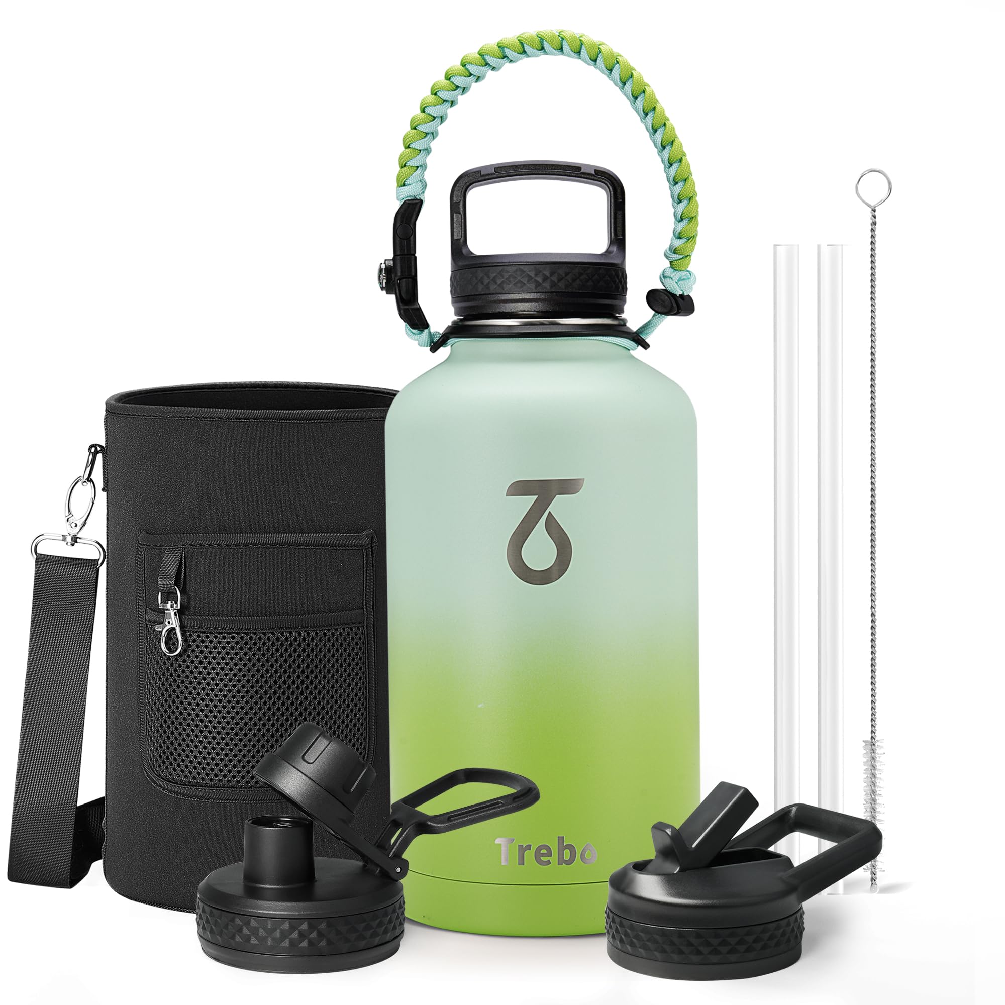 Trinkflasche Edelstahl, Trebo Thermosflasche mit Strohhalm mit Paracord-Griff & 3 Deckeln, Edelstahl Flasche Breites Maul Große Sportflasche Kalt halten 48 Stunden Wasserflasche, 1893 ml, Dunkelgrün