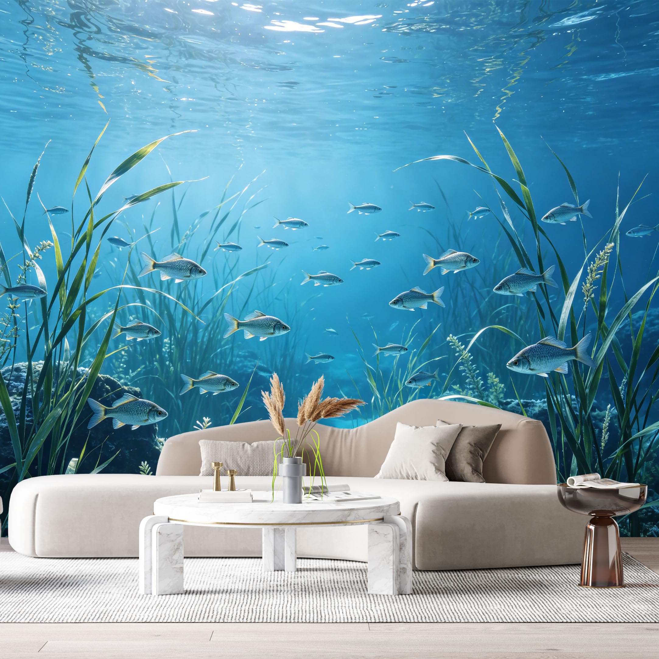 Custom Size Wall Murals Underwater Ocean Marine 3D Trompe L'Oeil Tropical Fish Aquatic Plants SelfAdhesiveWall Fabric Removable Wallpaper Wall Decor for Living Room Bedroom Bathroom