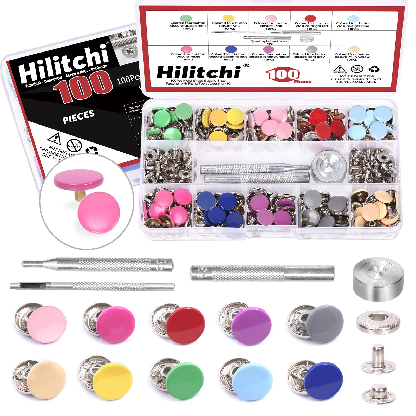 Hilitchi 404Pcs (100 Sets) Multicolor Snap Fastener Kit, 10 Colors Leather Snaps Snap Buttons Clothing Snaps with Installation Tool for Clothing, Leather, Crafting Sewing (12.5mm)