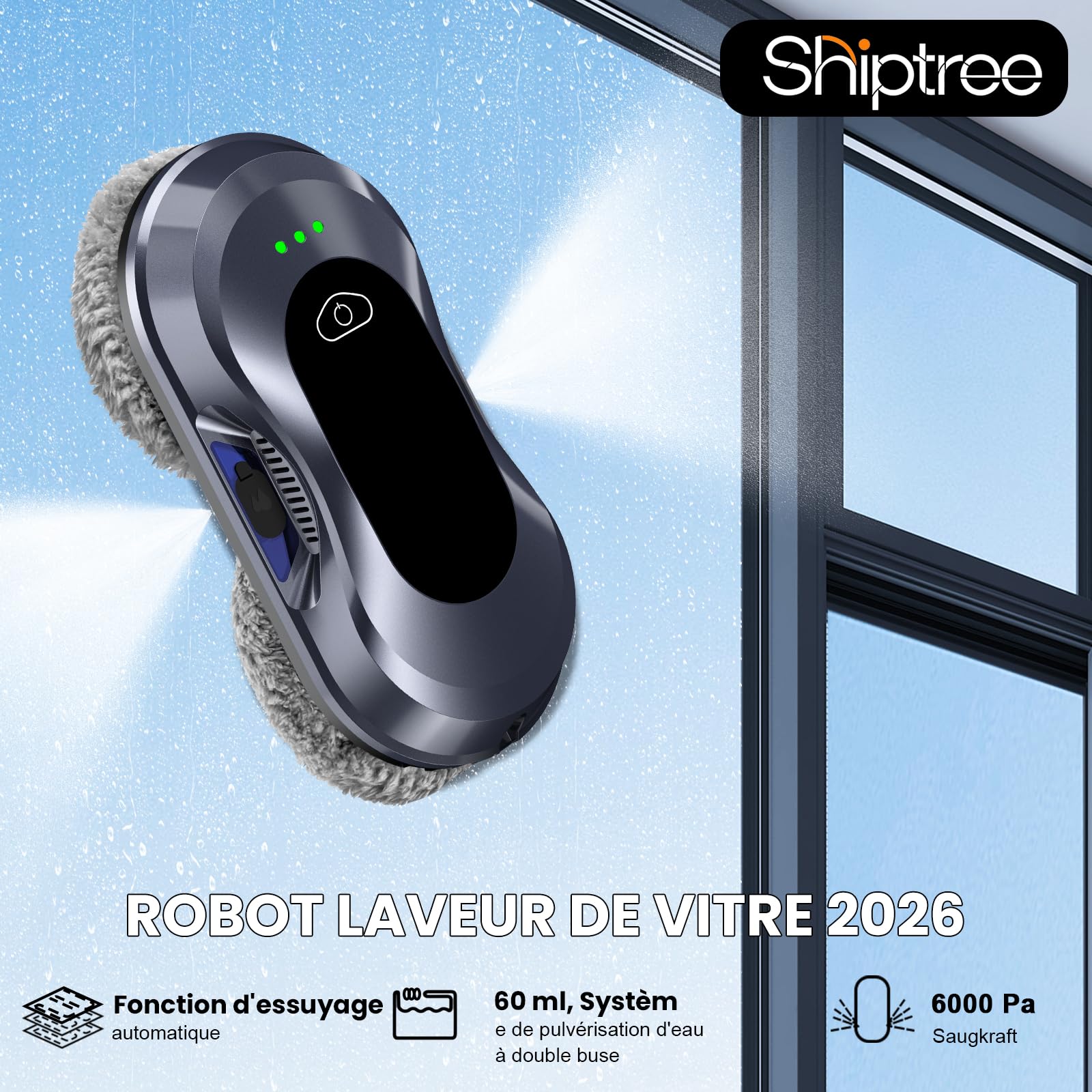 Robot Lave Vitres 2026 Version Améliorée, Double Buse, 3 Modes de Nettoyage, Planification de Trajet pour Entretien des Vitres & Surfaces Vitrées W22D