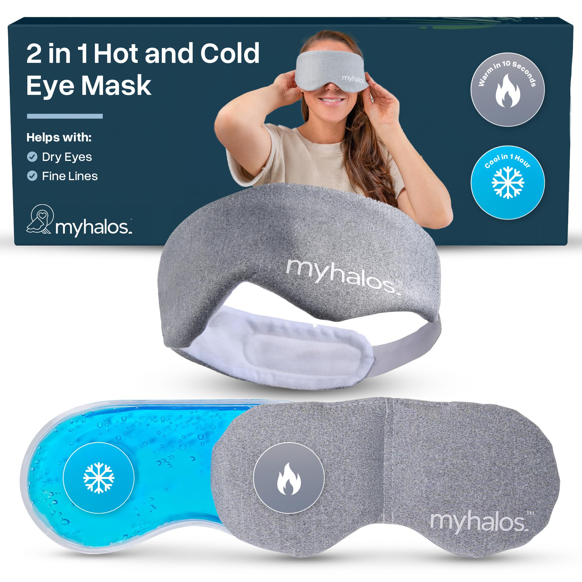 MyHalos 2-in-1 Hot & Cold Gel Eye Mask - Cooling Eye Mask for Puffiness, Fine Lines, Sinus Relief & Stye, Migraine, Puffy, Heated, Cold Ice Face Pack Compress Freezer
